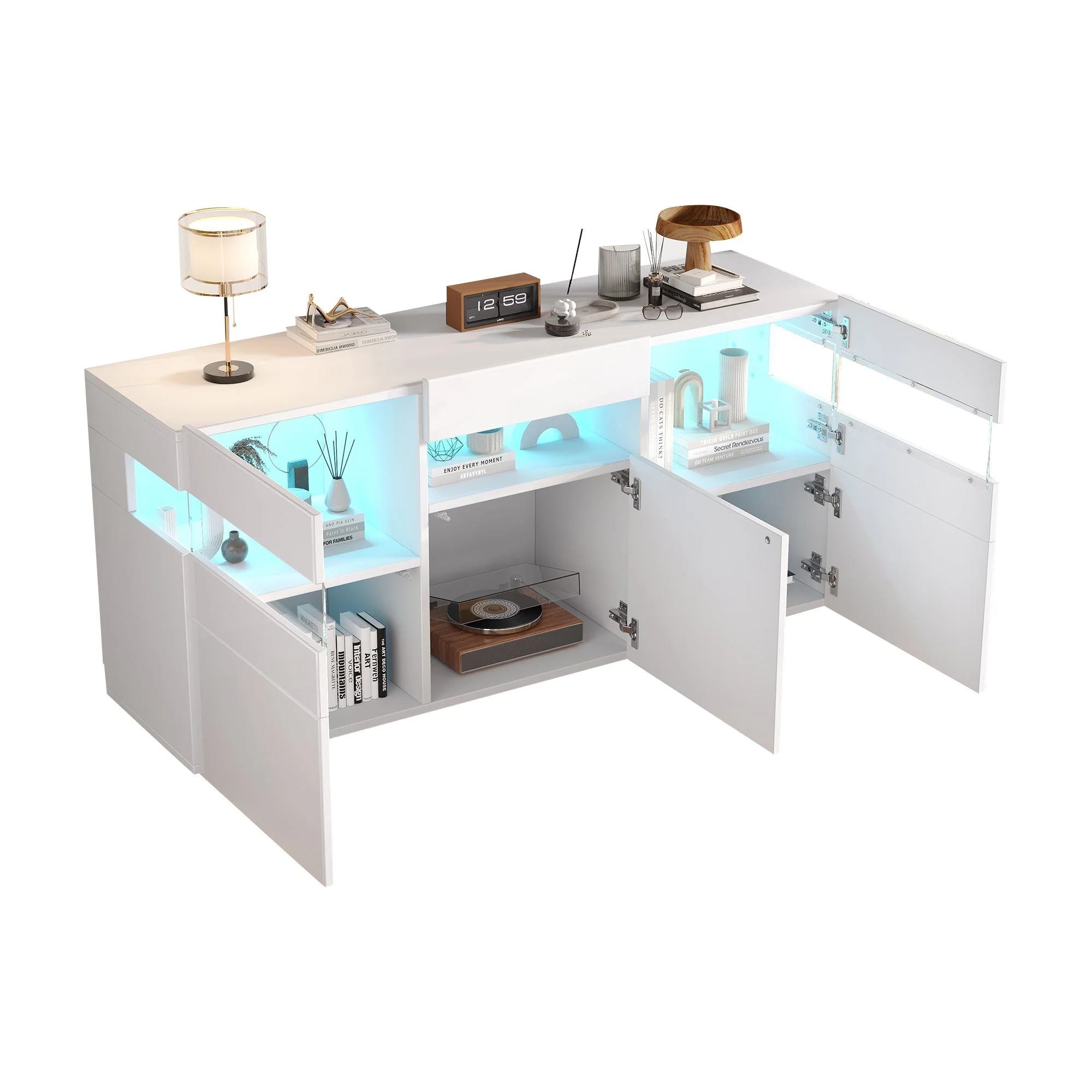 Living Room Sideboard 3-Door Cabinet LED Light Acrylic High-Gloss White - Image 7