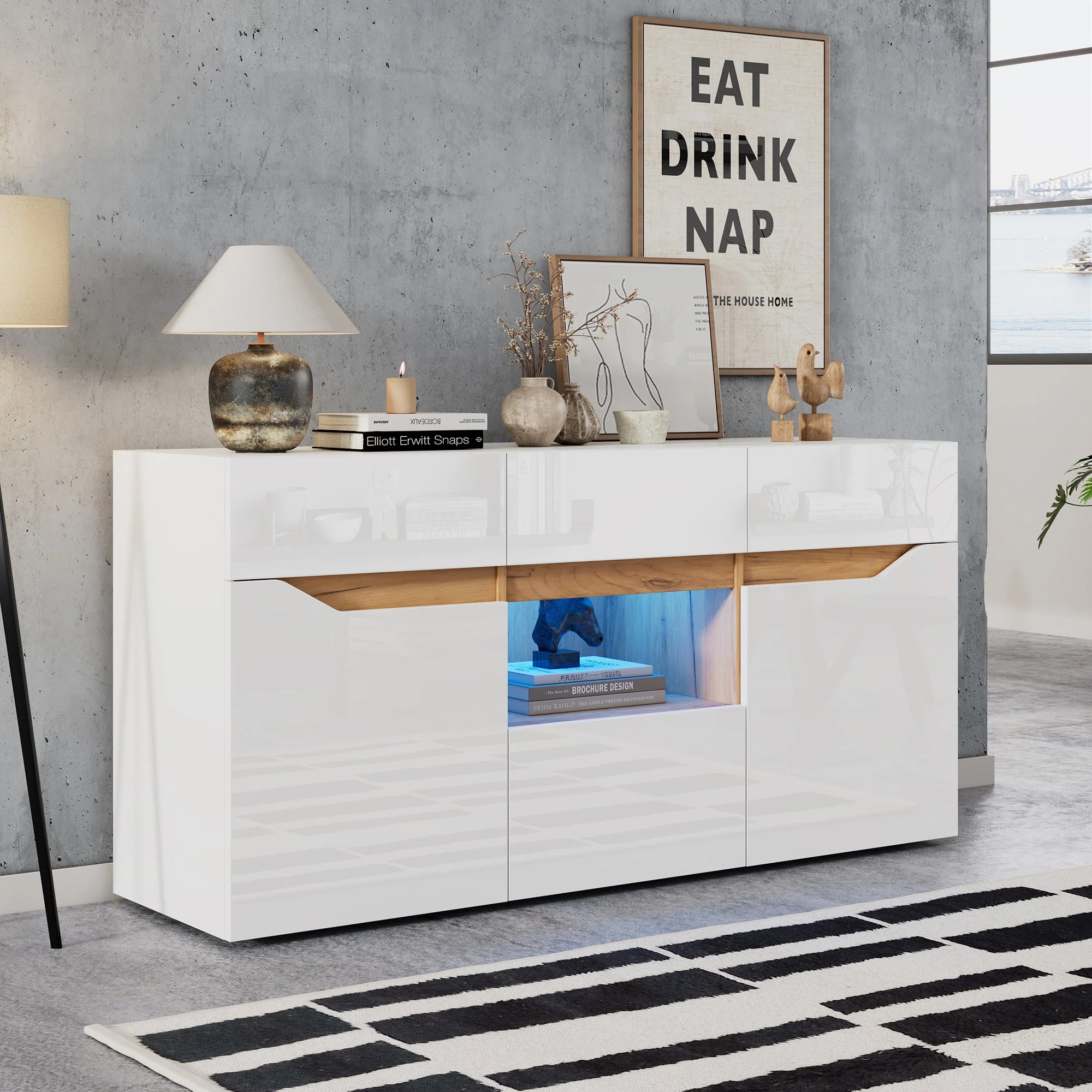 Living Room Sideboard, 4-Drawer Cabinet with LED Lighting, White & Wood