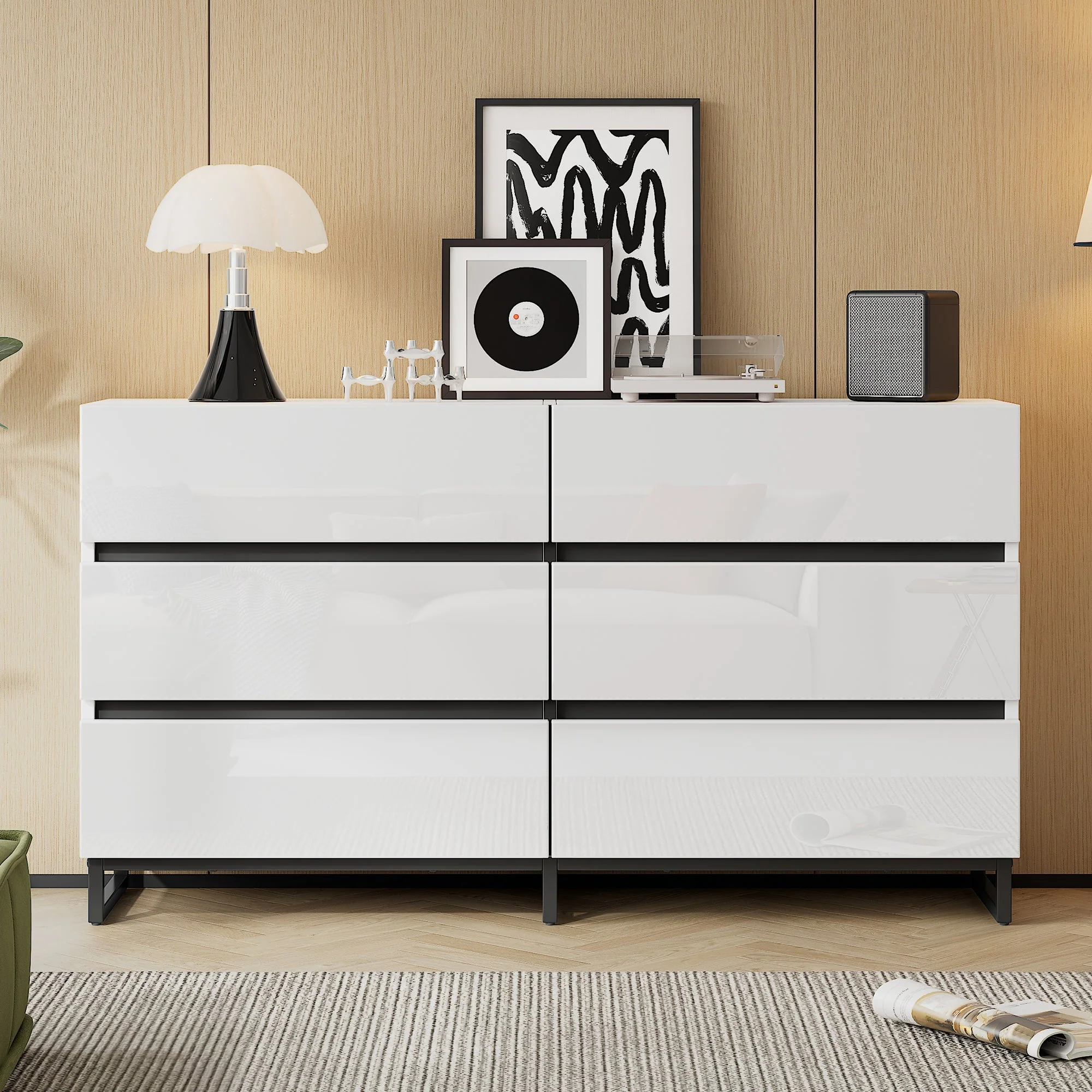 Living Room Sideboard, 6-Drawer High-Gloss Cabinet with Metal Legs, White/Black - Image 3