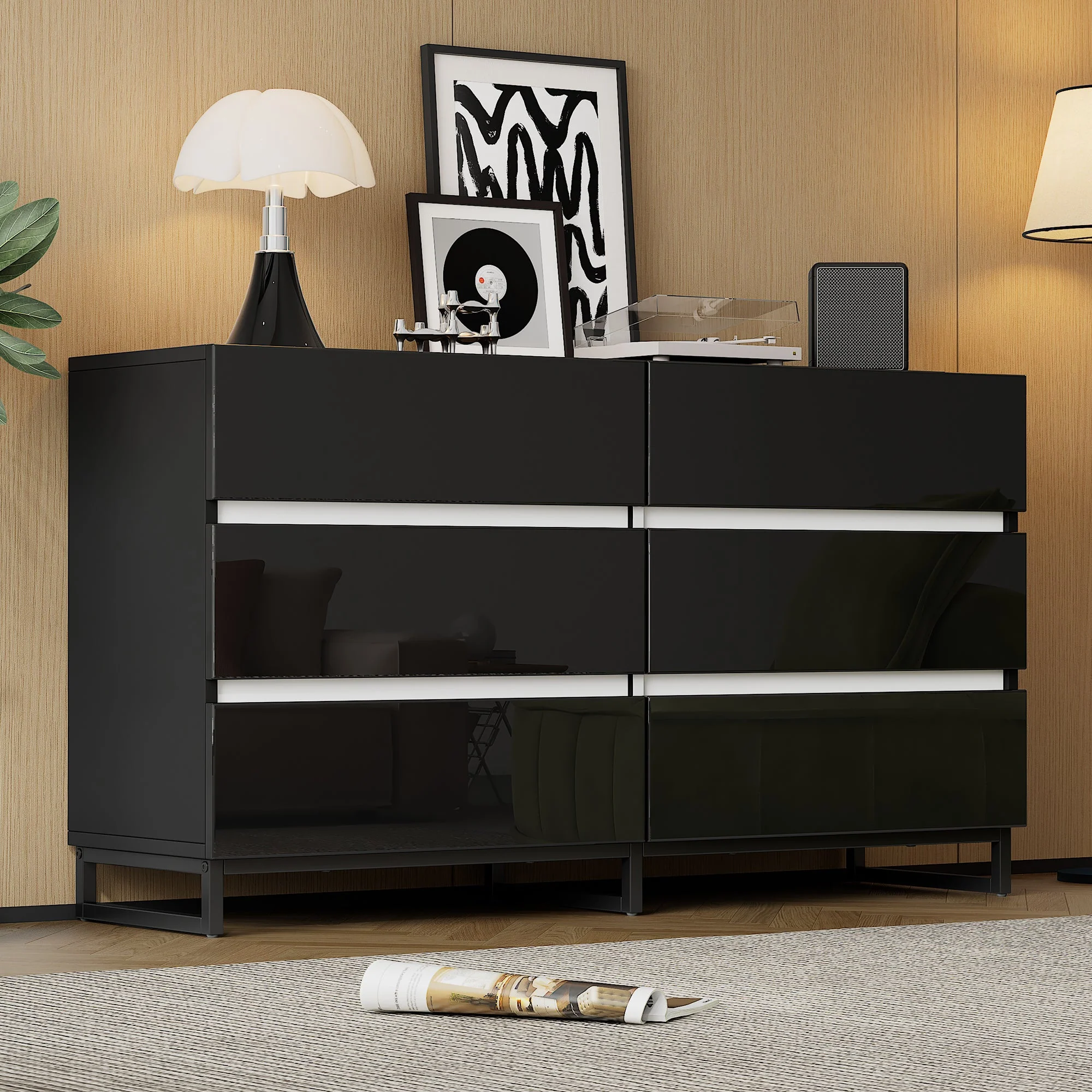 Living Room Sideboard, High-Gloss 6-Drawer Cabinet with Metal Legs, White+Black
