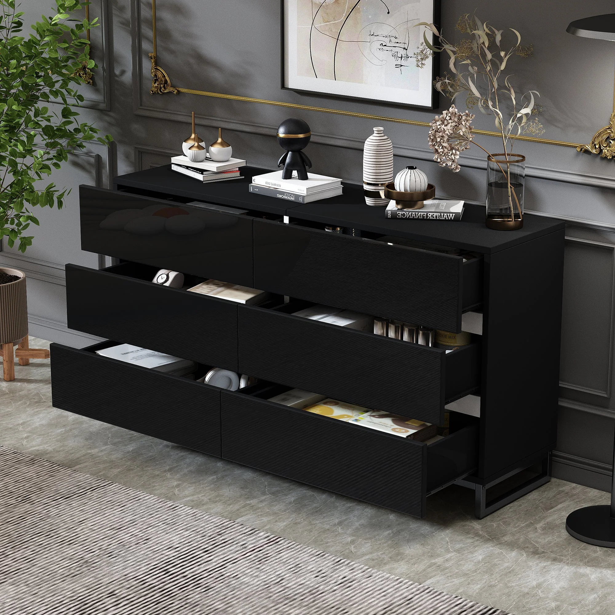 Living Room Sideboard, High-Gloss 6-Drawer Cabinet with Metal Legs, White+Black - Image 3