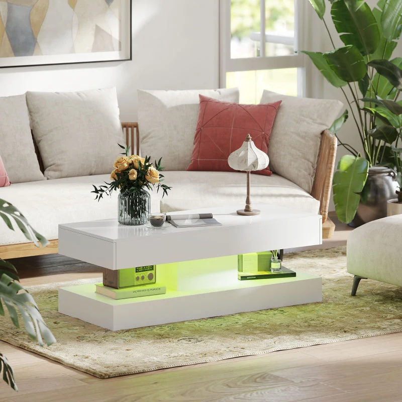 Living Room Table, Drawers, LED Lights, Open Shelf, White Chipboard - Image 6