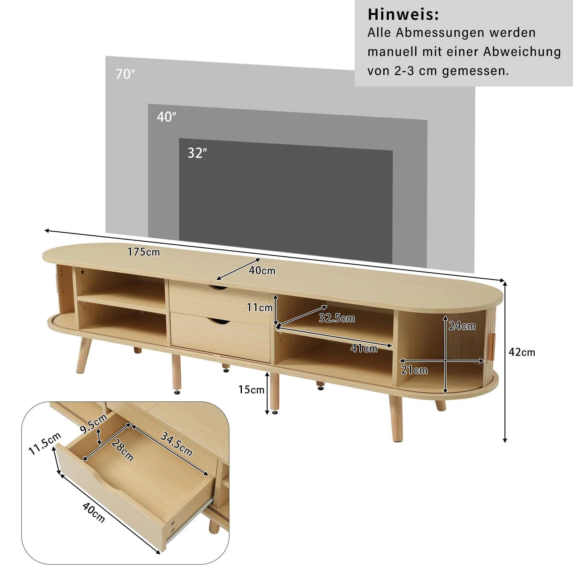 Living Room TV Cabinet with Storage, Round Table Top, 2 Drawers, MDF Wood Grain - Image 9