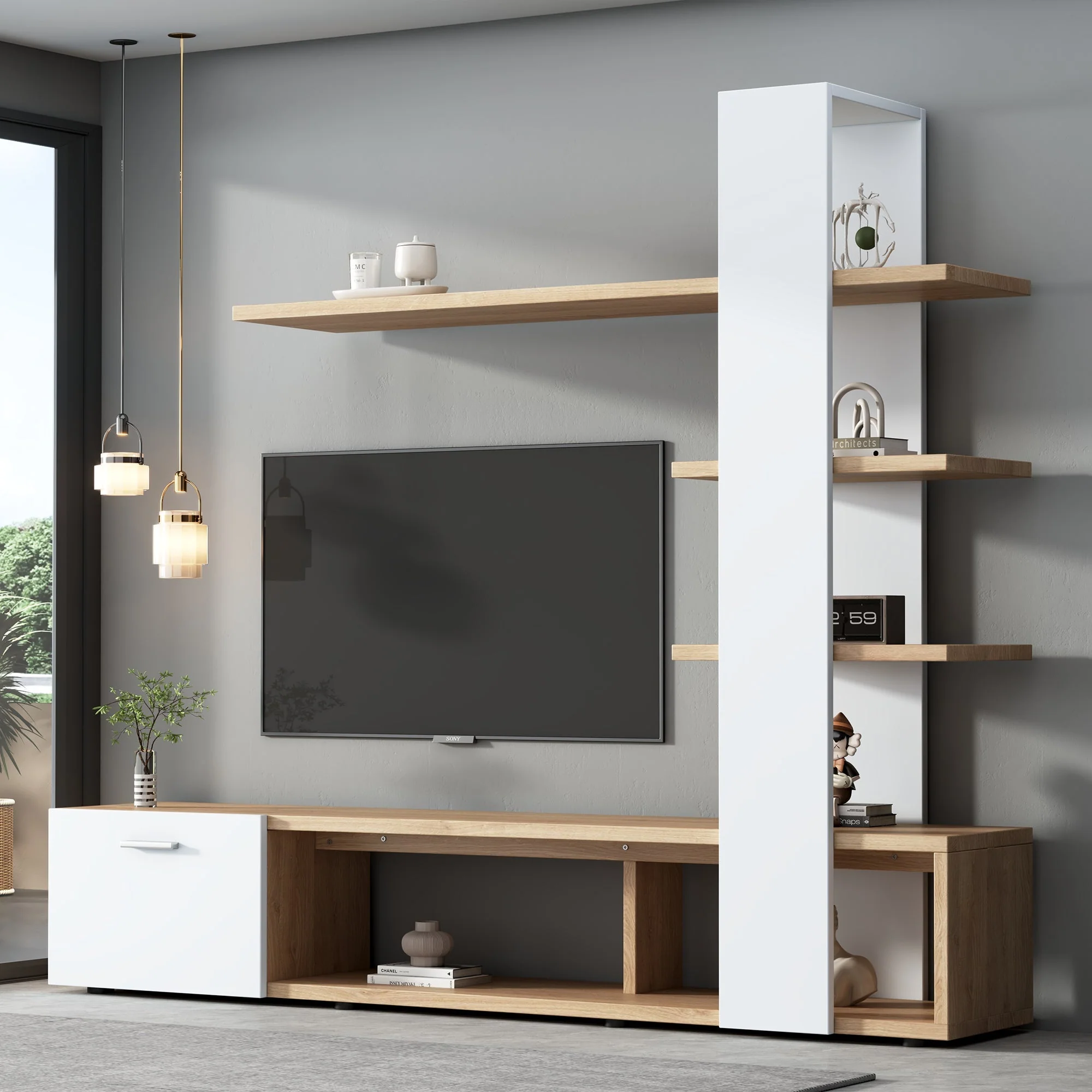Living Room Wall Cabinet, 180x33.5x151.5cm, for TVs under 60 inches, Modern Oak White - Image 10