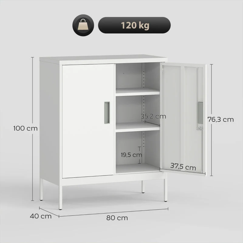 Lockable Steel Cabinet 2 Doors Adjustable Shelves - White - Image 3