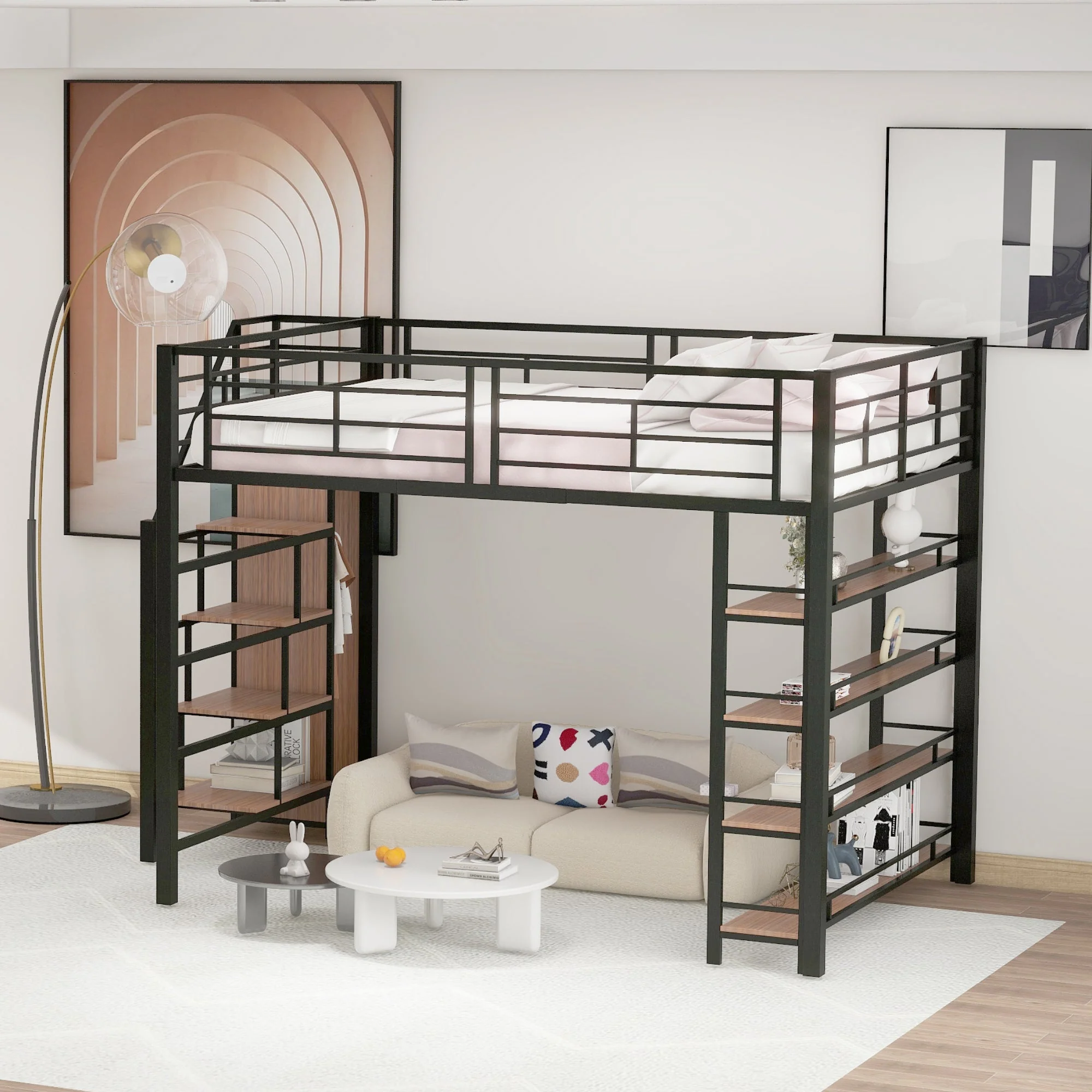 Loft Bed 140*200, Safety Stairs, Storage, Wardrobe, Shelves, Black - Image 2