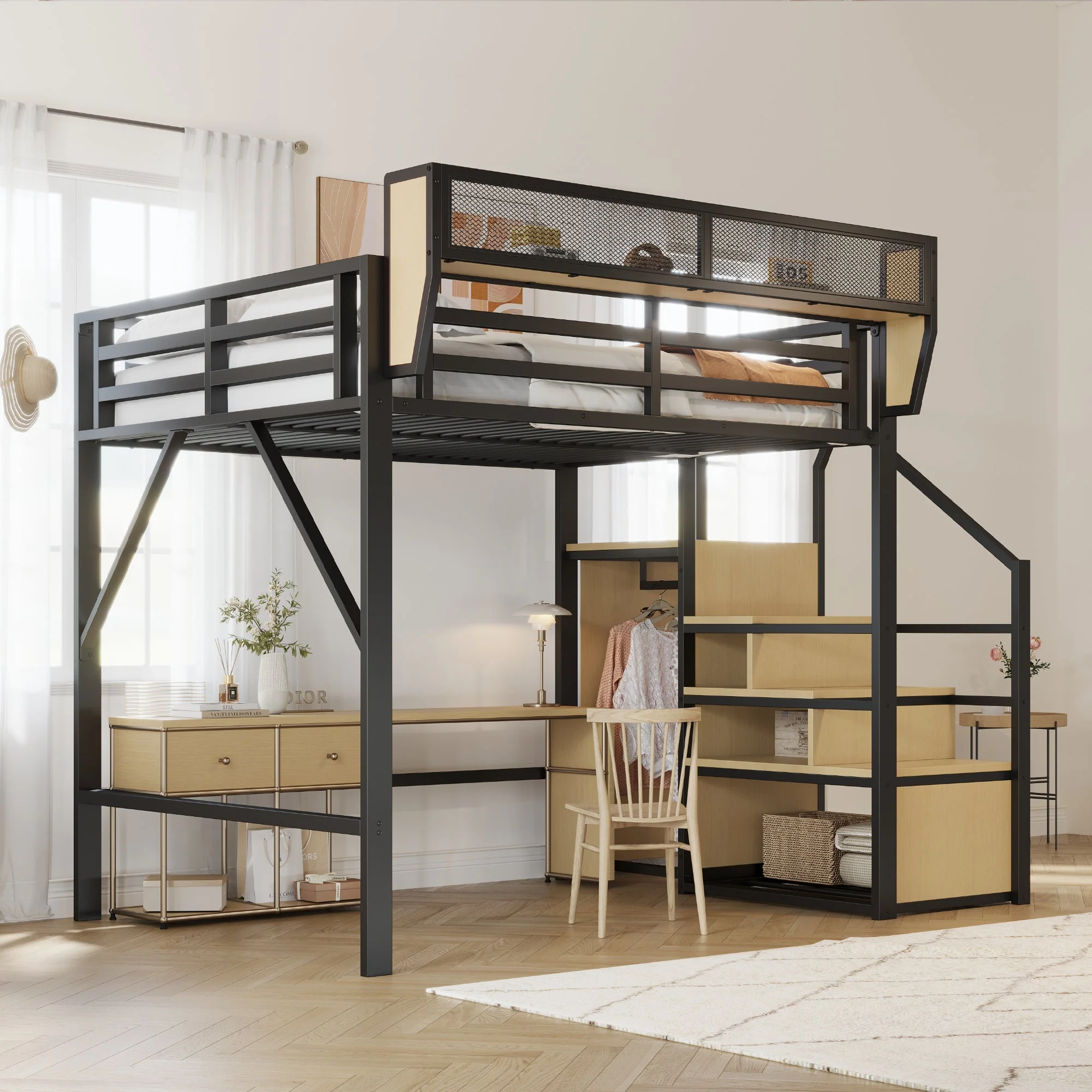 Loft Bed 140x200 Safety Ladder Flexible Storage Metal Black - Image 2