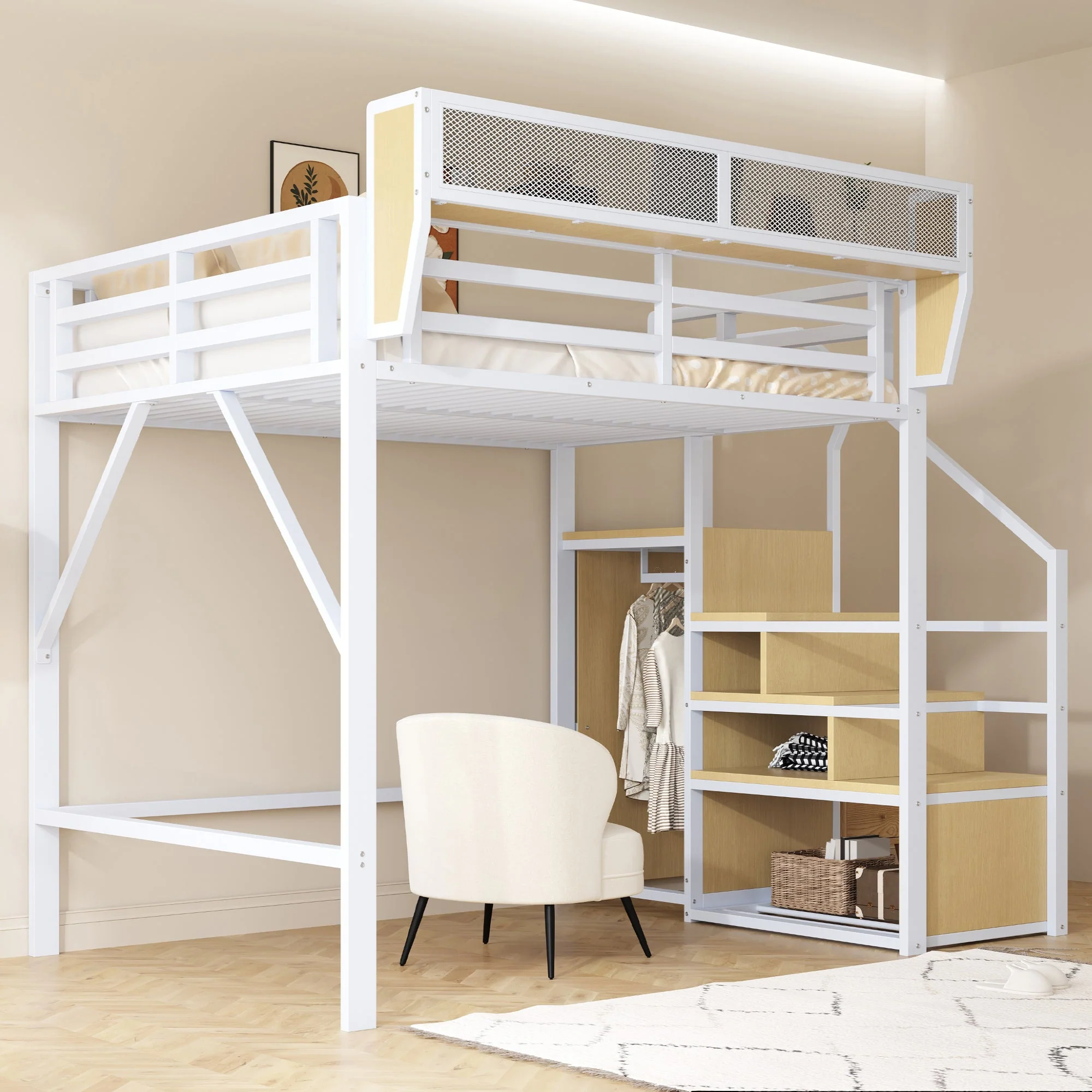 Loft Bed 140x200 Safety Ladder Storage Metal White - Image 2