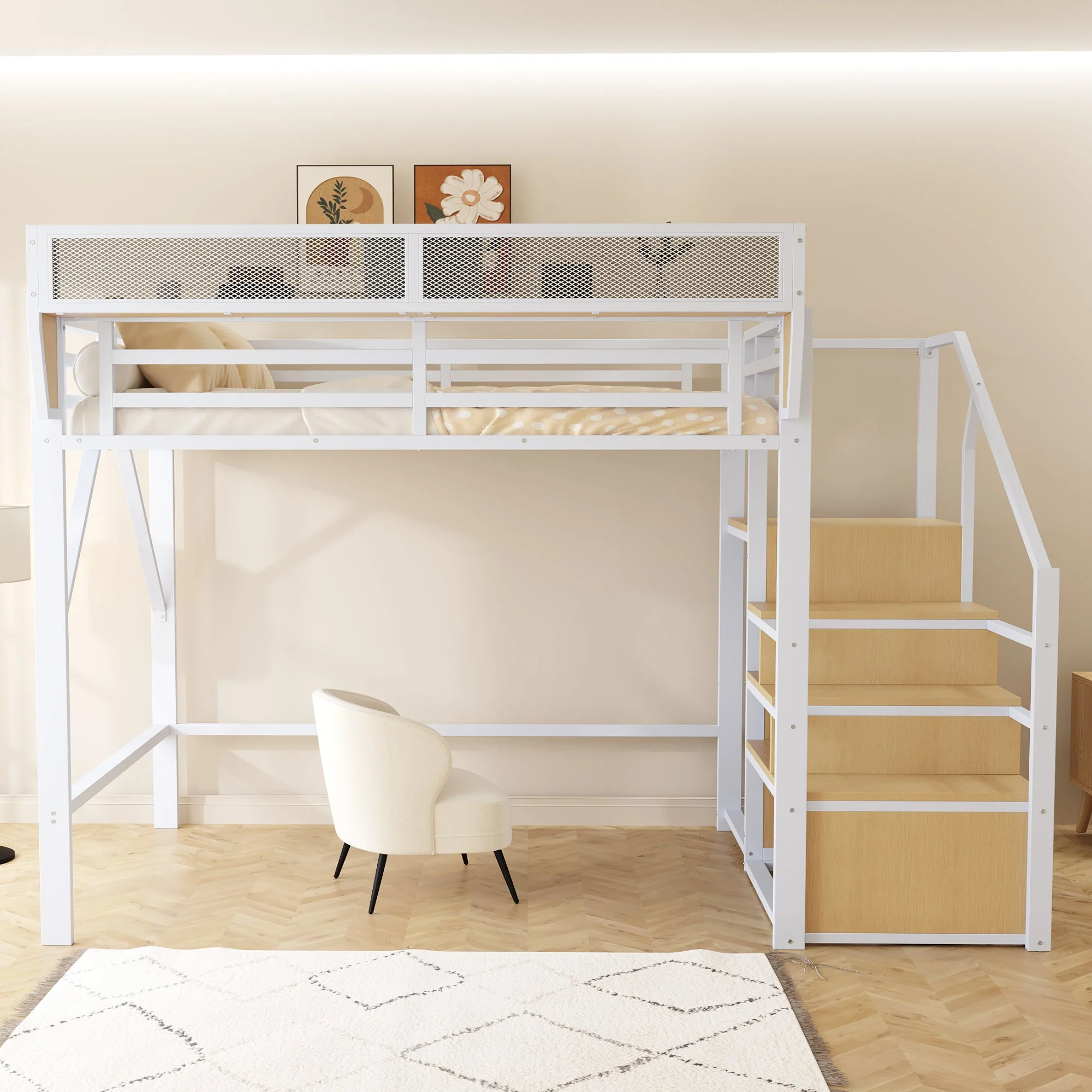 Loft Bed 140x200 Safety Ladder Storage Metal White - Image 3