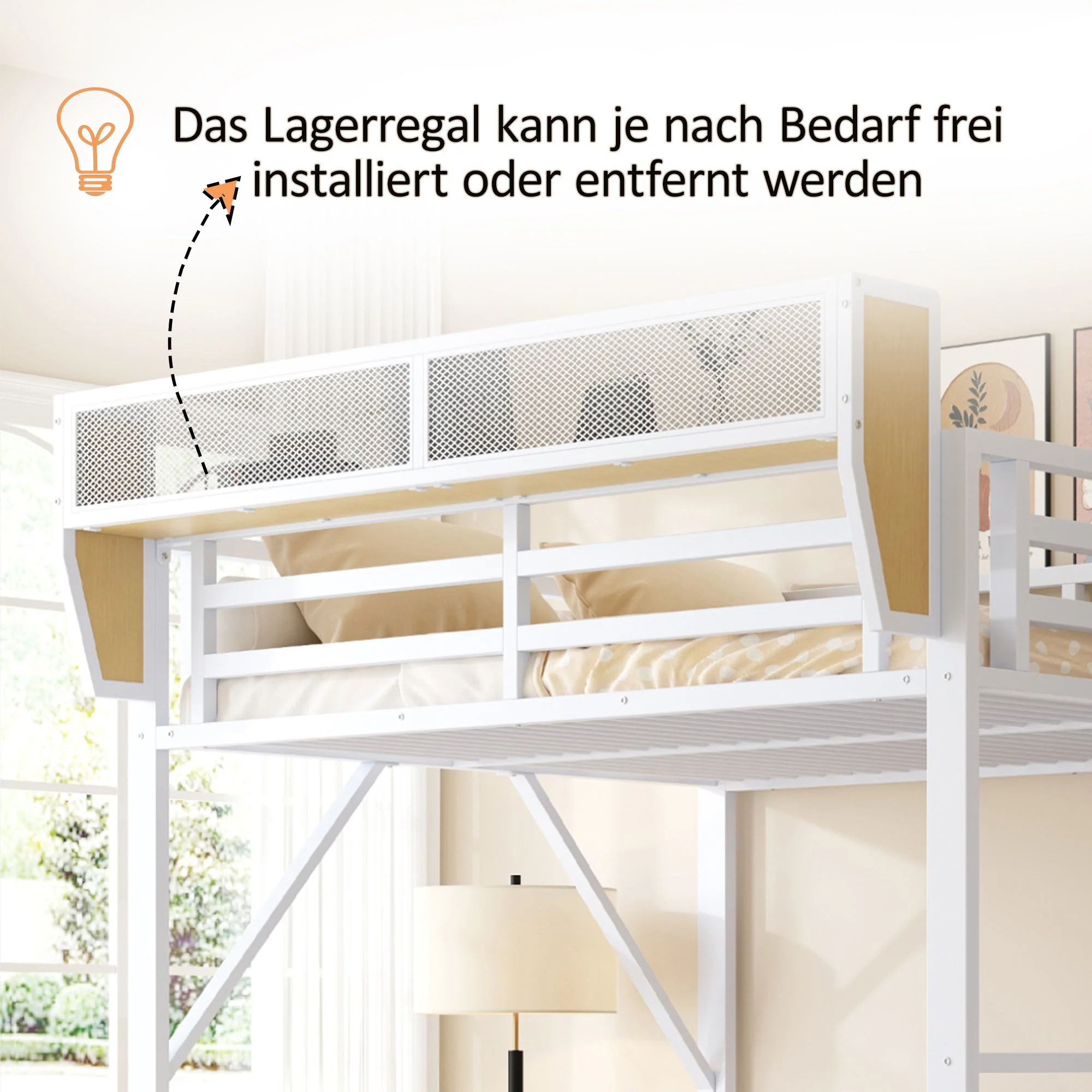 Loft Bed 140x200 Safety Ladder Storage Metal White - Image 4