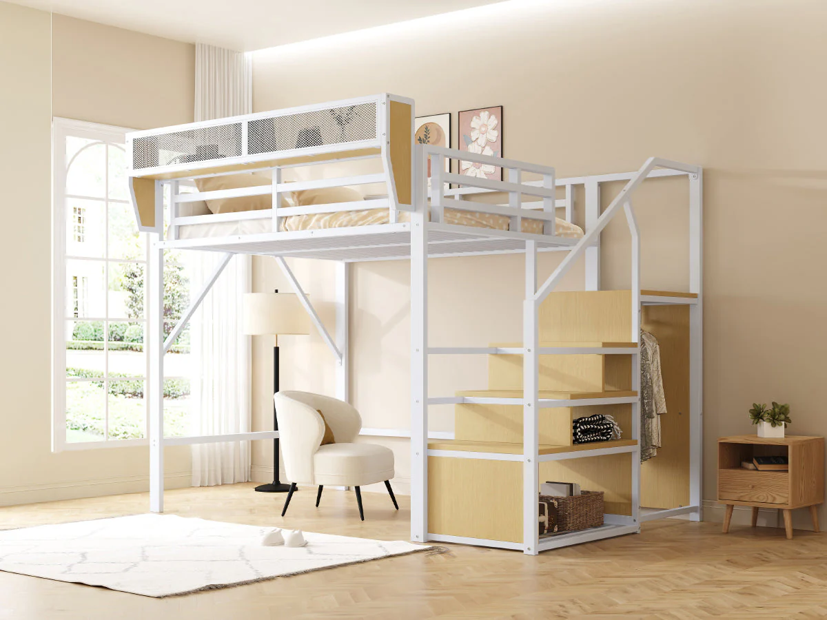 Loft Bed 140x200 Safety Ladder Storage Metal White - Image 5