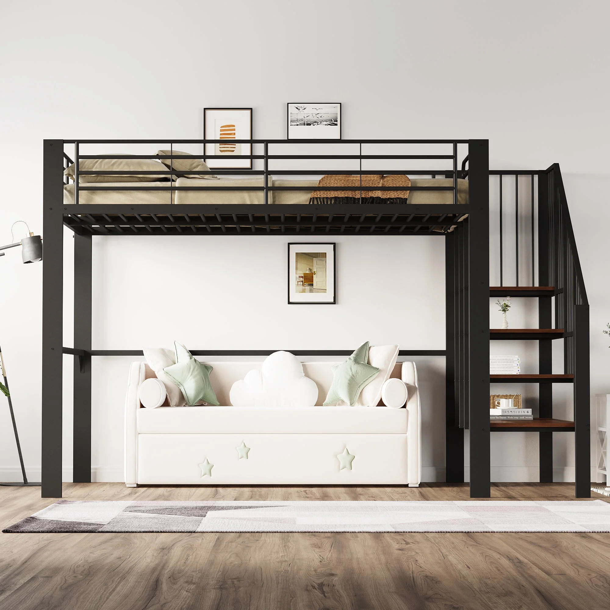 Loft Bed 140x200 Sturdy Storage Stairs, Metal - Image 4
