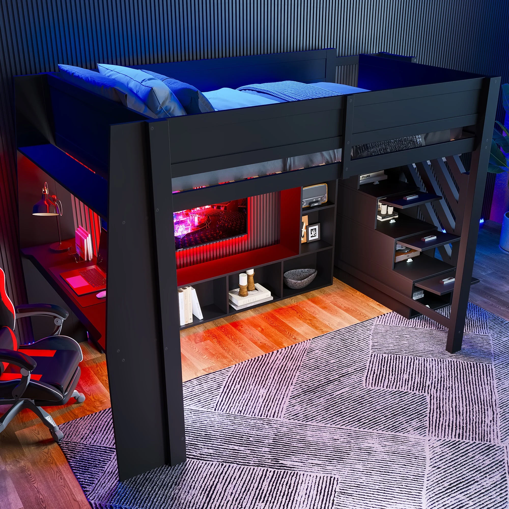 Loft Bed 140x200 with Desk, Storage, LED Lighting, Stairs - Wooden/Black - Image 2