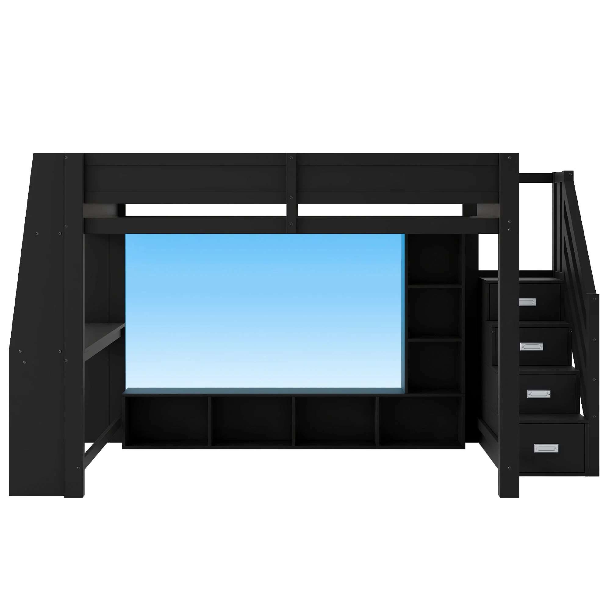 Loft Bed 140x200 with Desk, Storage, LED Lighting, Stairs - Wooden/Black - Image 5