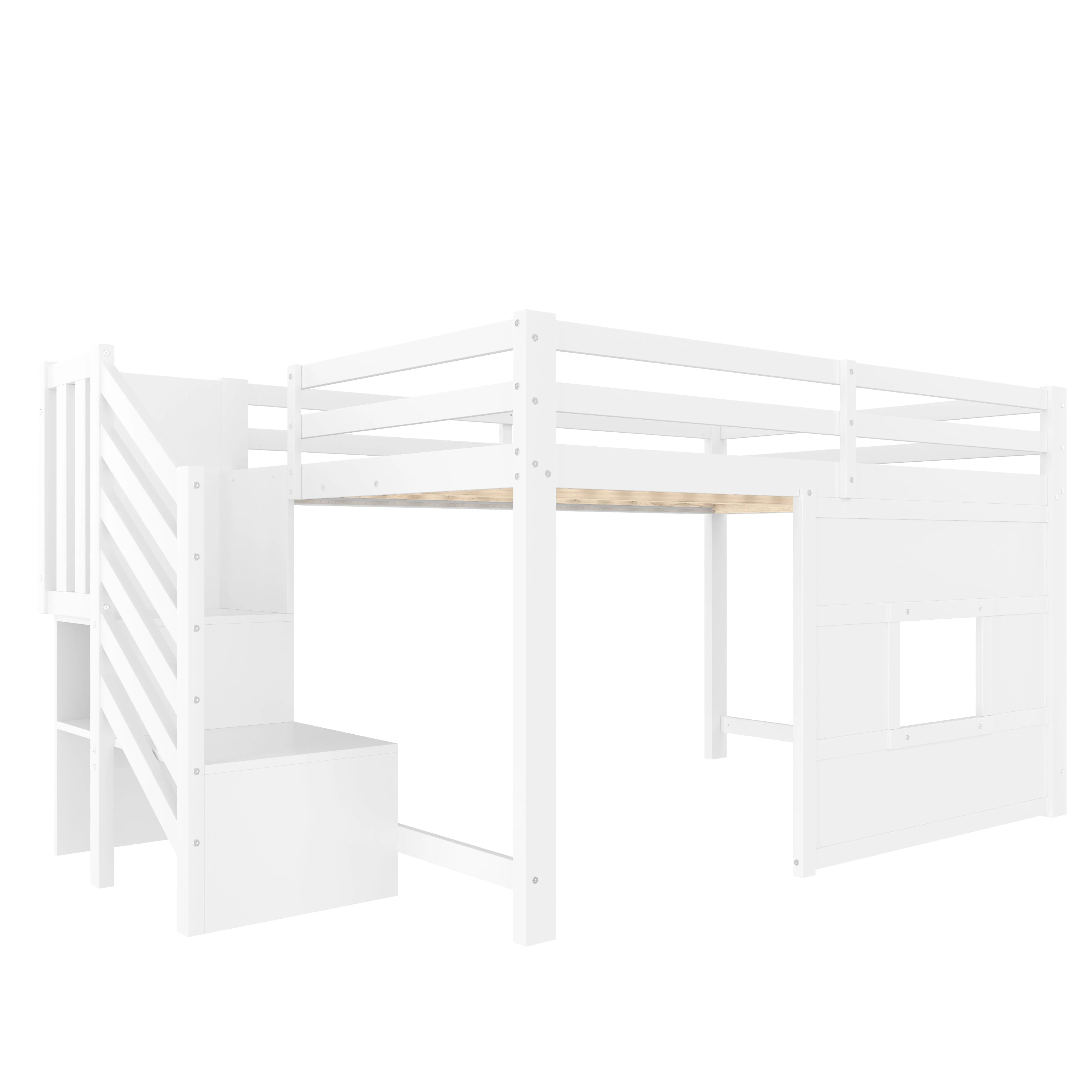 Loft Bed 140x200 with Storage Stairs and Window, White - Image 10