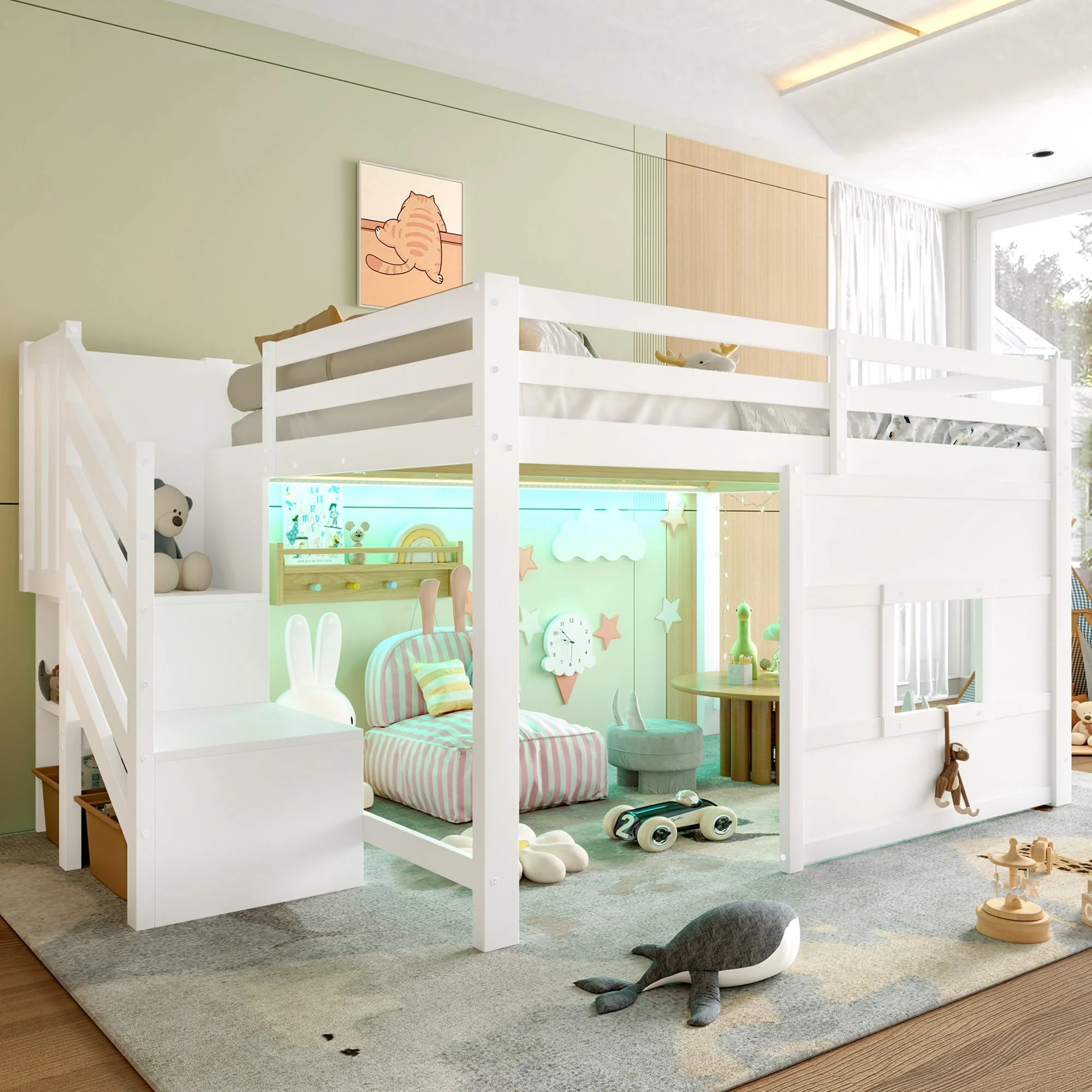 Loft Bed 140x200 with Storage Stairs and Window, White - Image 3