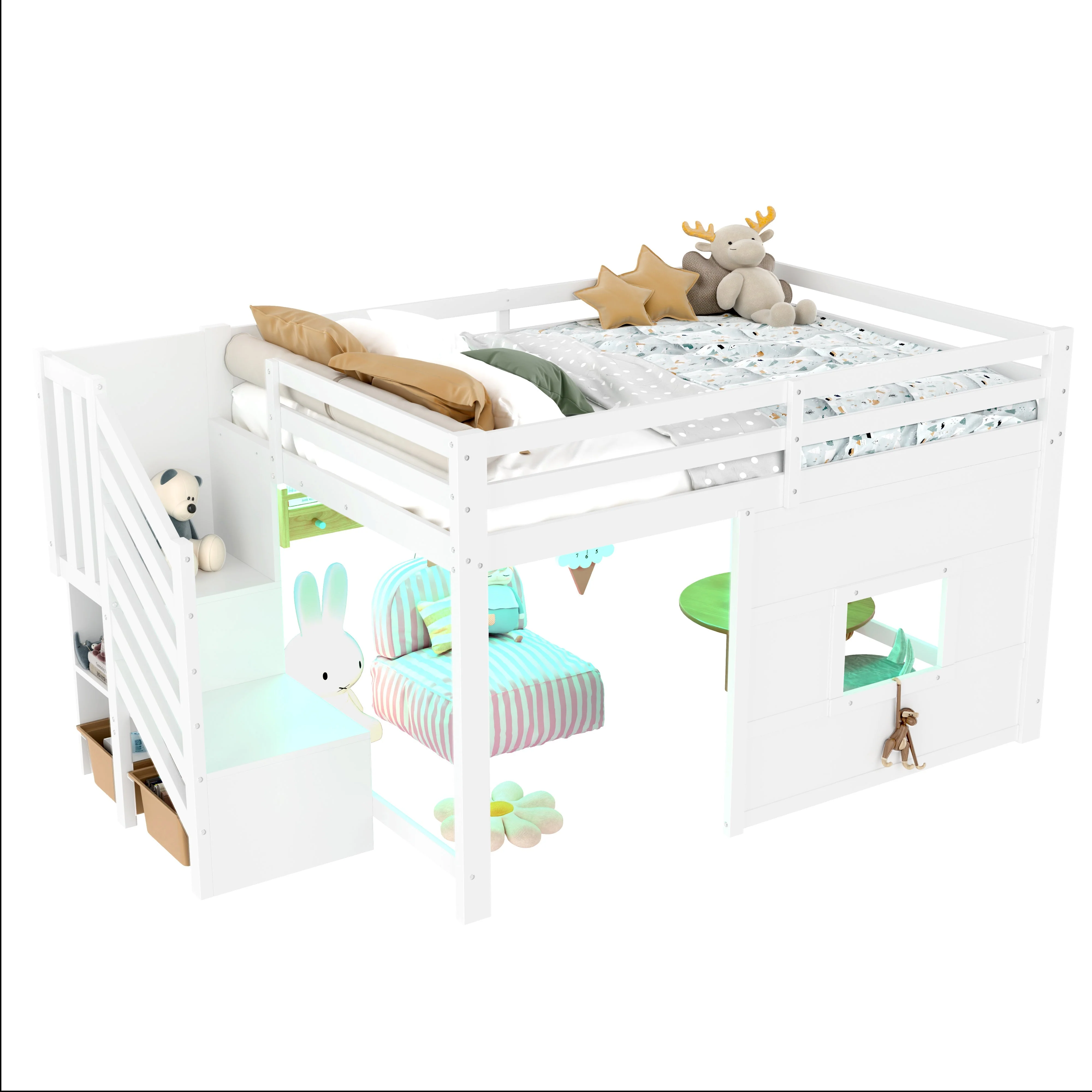 Loft Bed 140x200 with Storage Stairs and Window, White - Image 6