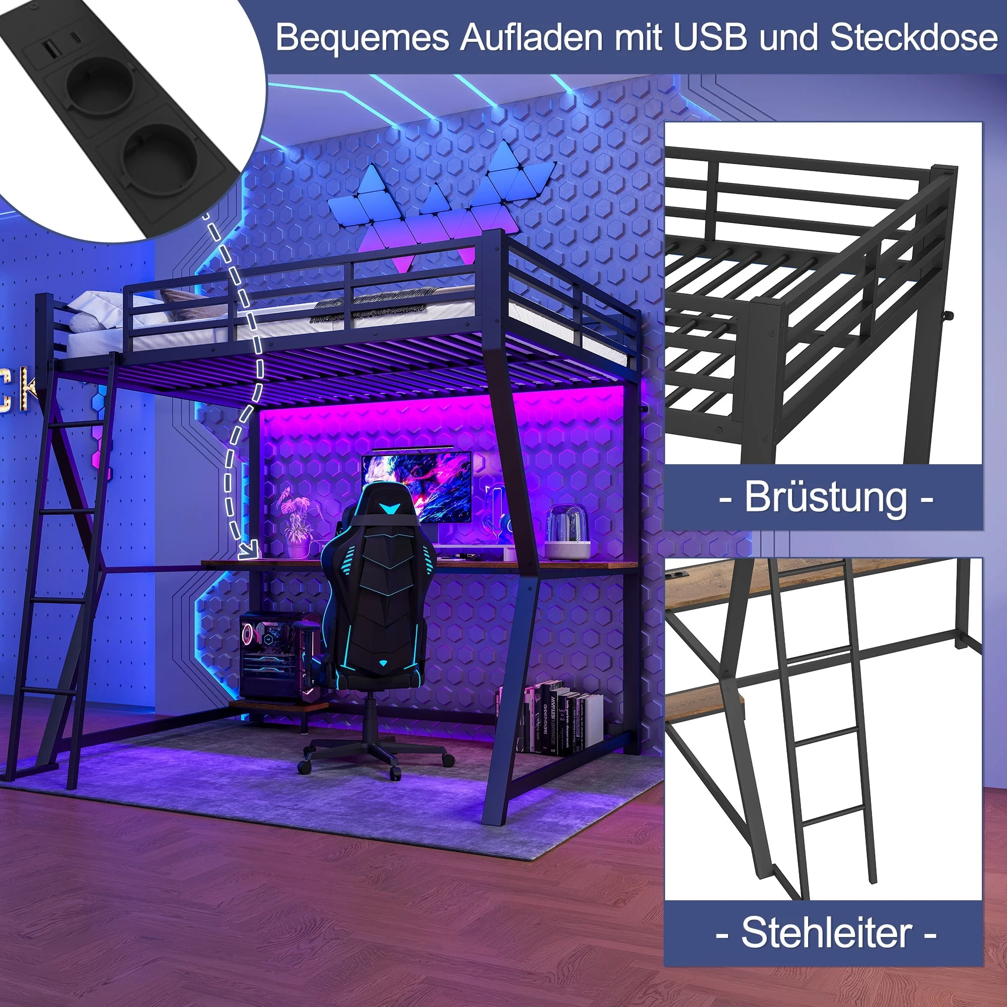 Loft Bed 140x200cm Desk Console Shelf LED USB/Power Stairs - Black - Image 2