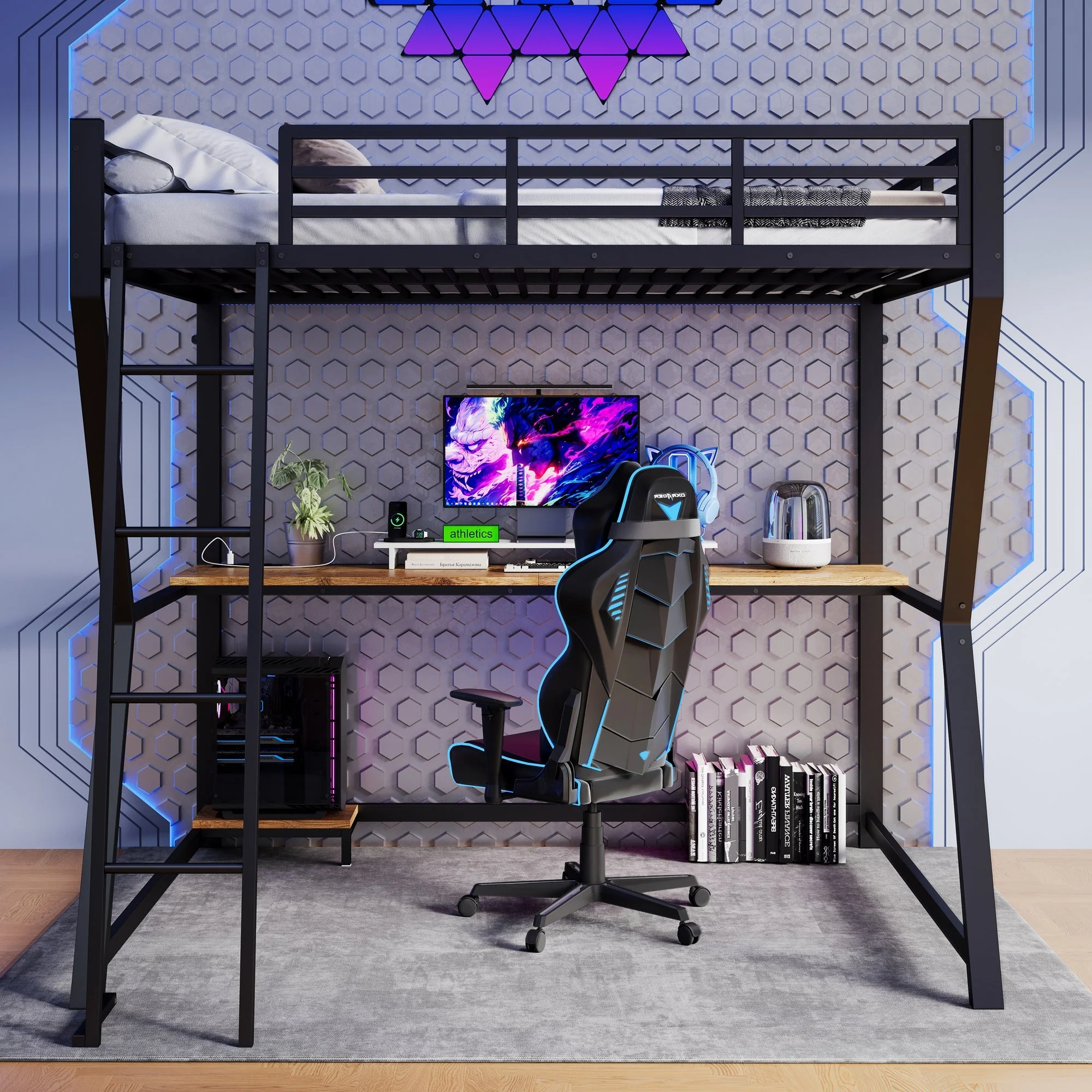 Loft Bed 140x200cm Desk Console Shelf LED USB/Power Stairs - Black - Image 8