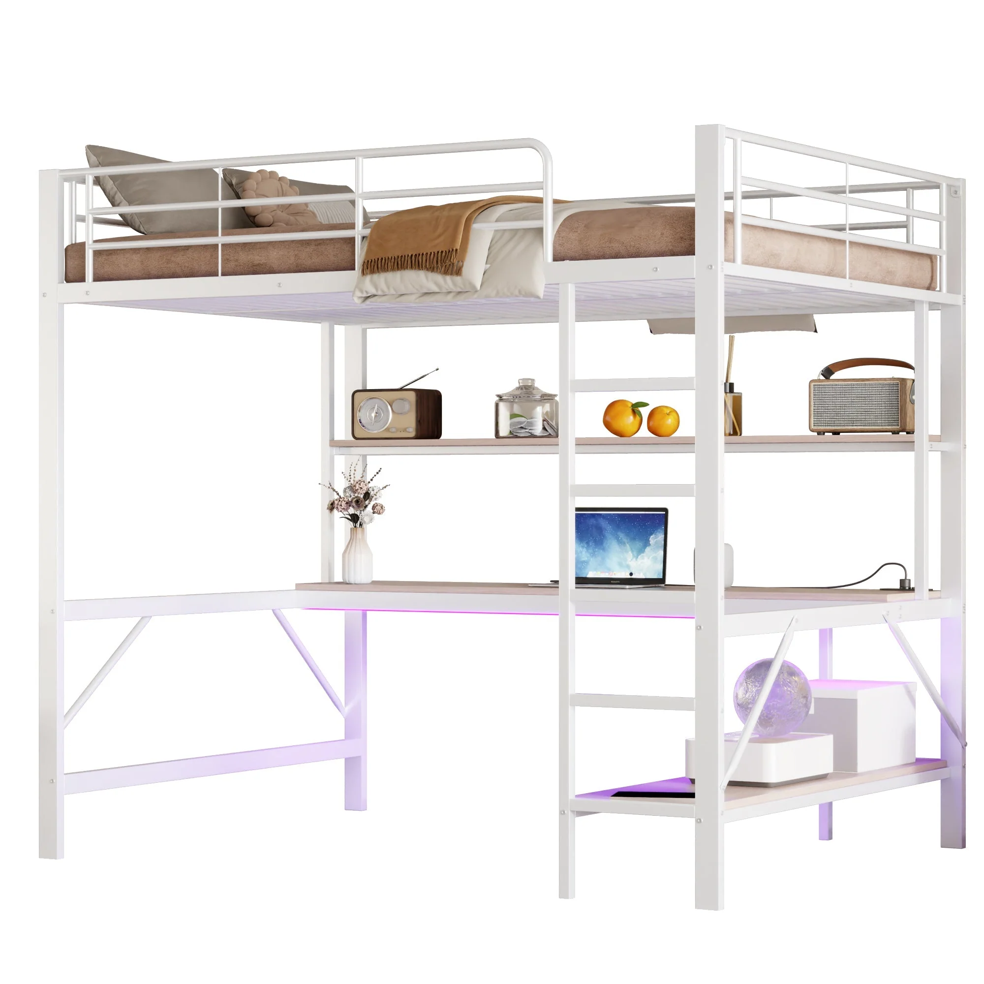 Loft Bed 140x200cm Desk Shelf LED USB/Power Outlet - White Metal - Image 8