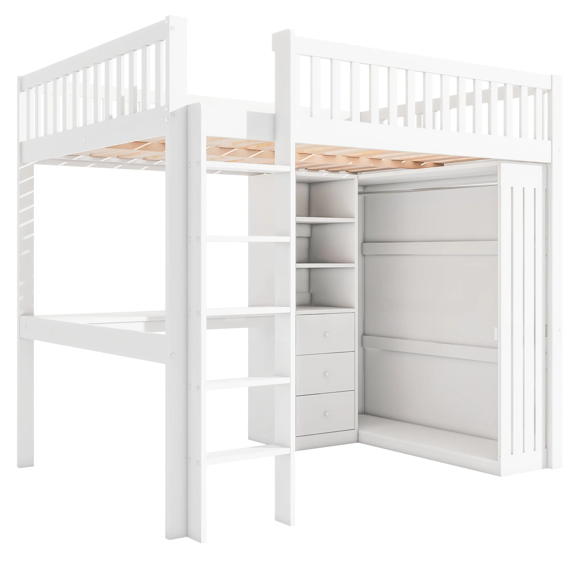 Loft Bed 140x200cm Desk Wardrobe 3 Drawers Storage Stairs - White - Image 10