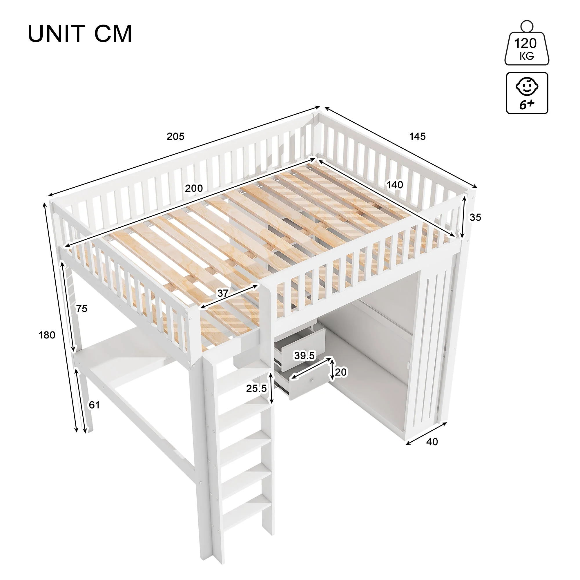 Loft Bed 140x200cm Desk Wardrobe 3 Drawers Storage Stairs - White - Image 8