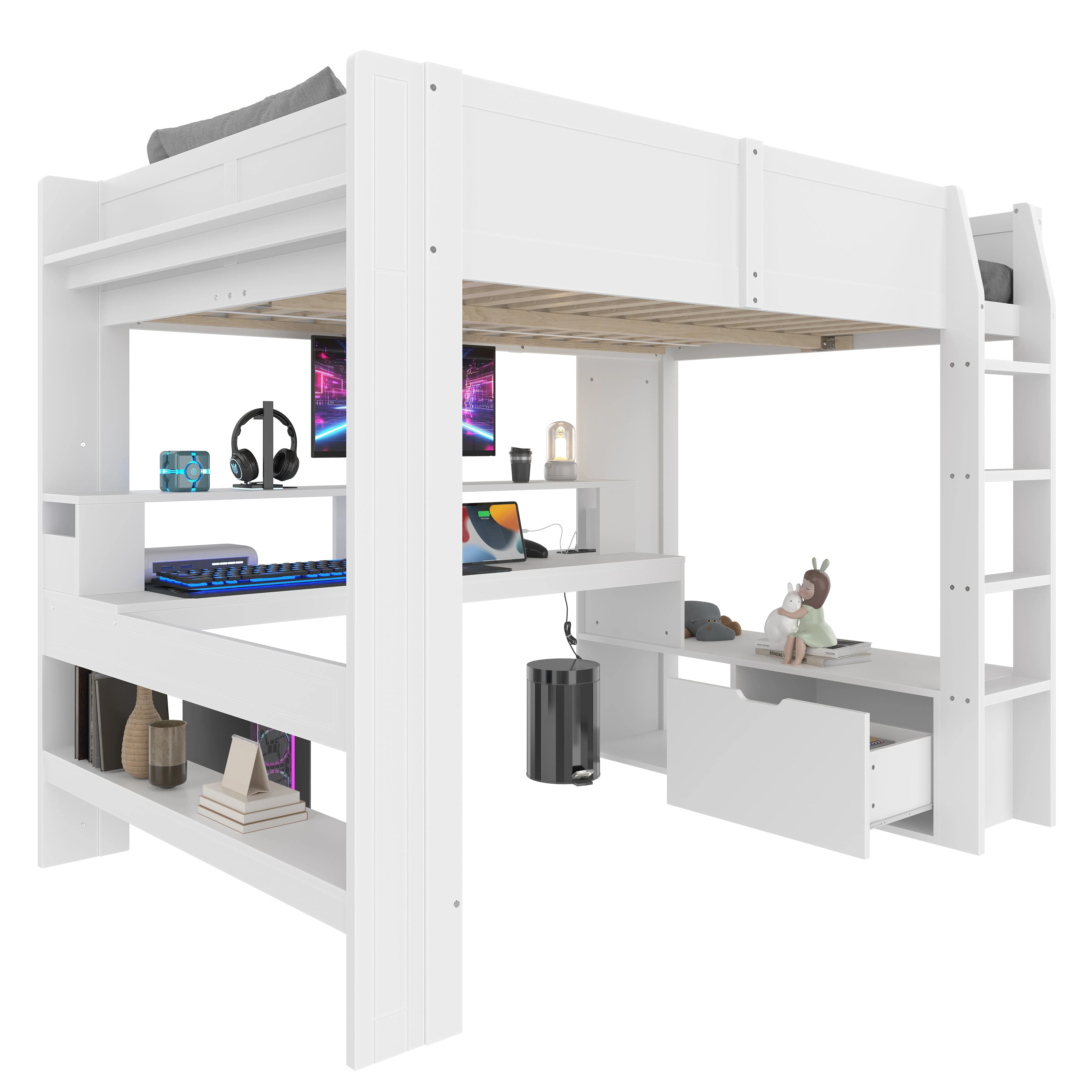 Loft Bed 140x200cm Gaming Desk LED Drawer Shelves - White - Image 8