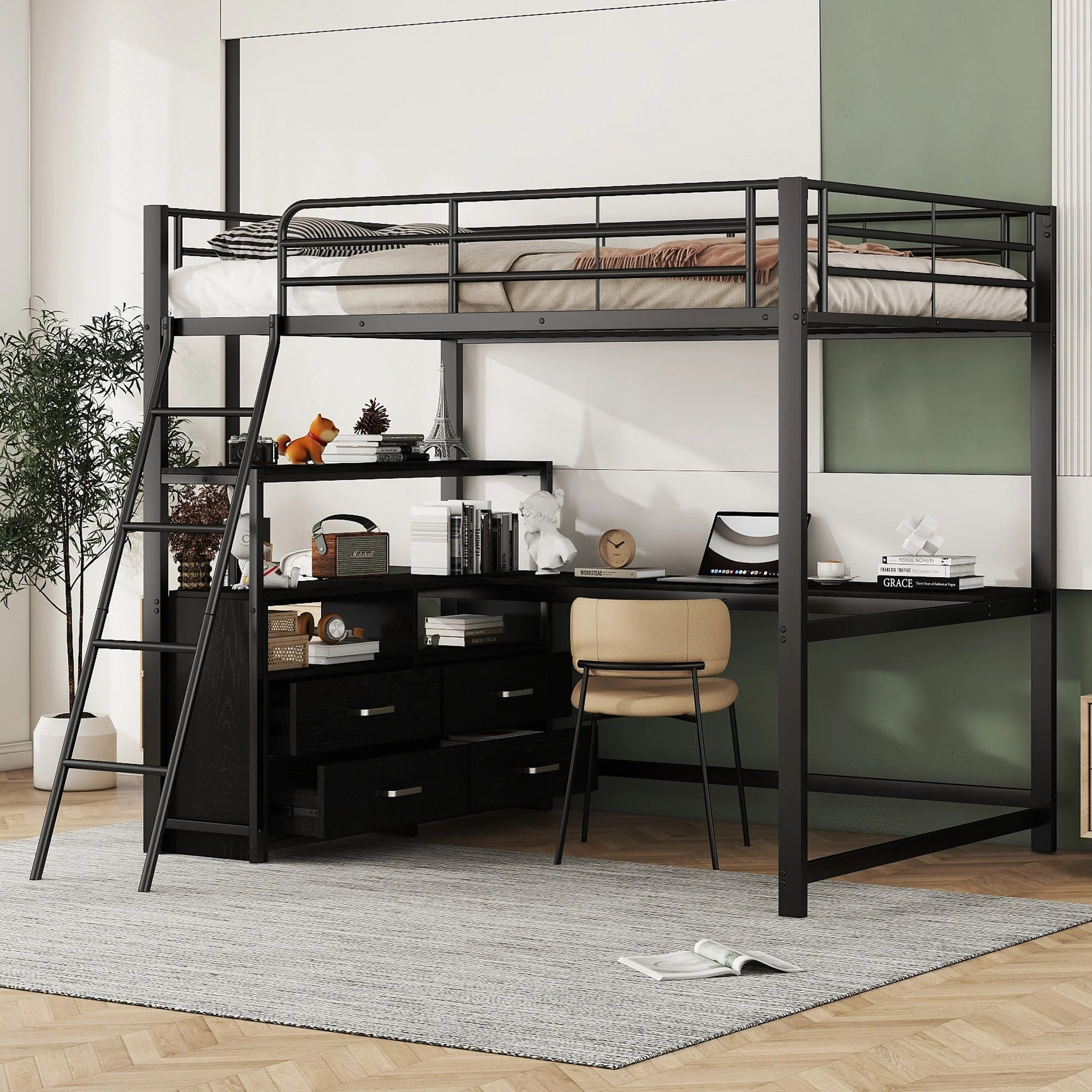 Loft Bed 140x200cm Iron Frame Drawers L-Shaped Desk - Black - Image 4