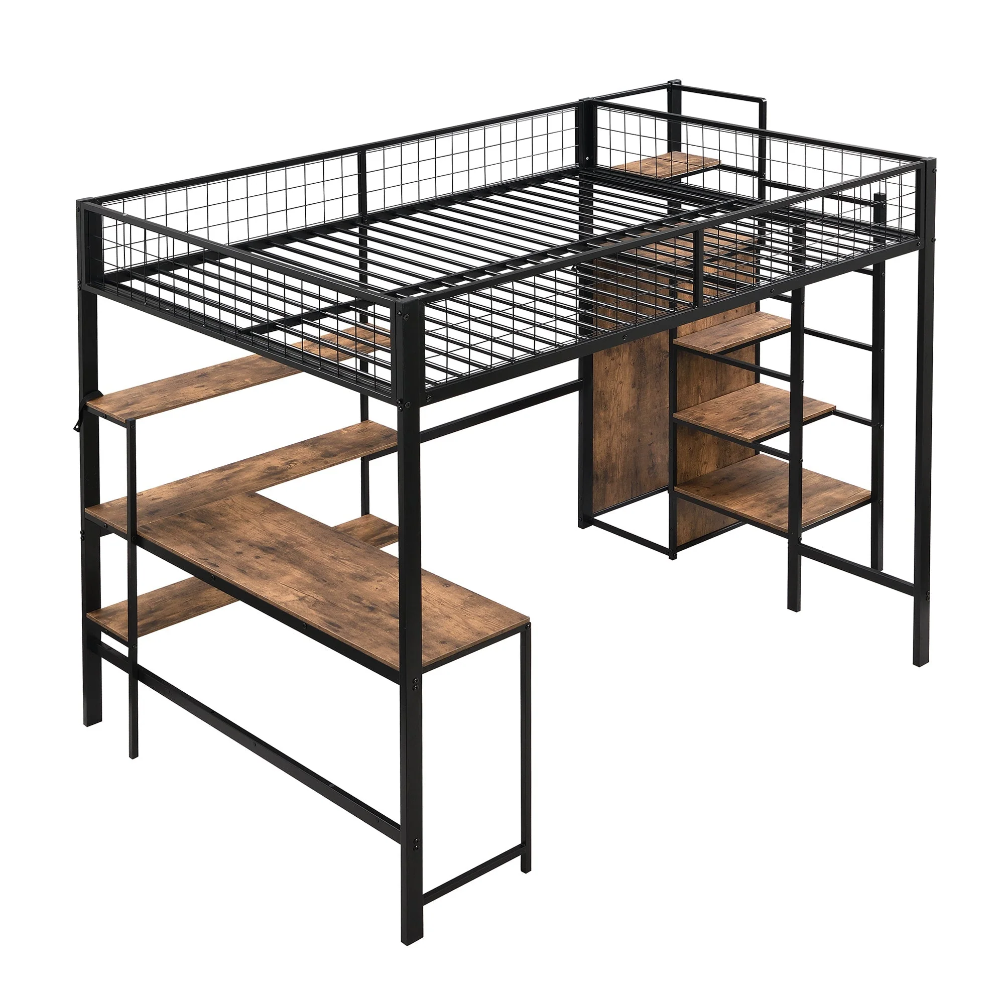 Loft Bed 140x200cm Iron Frame with Storage Ladder Shelves Wardrobe Desk Black - Image 7