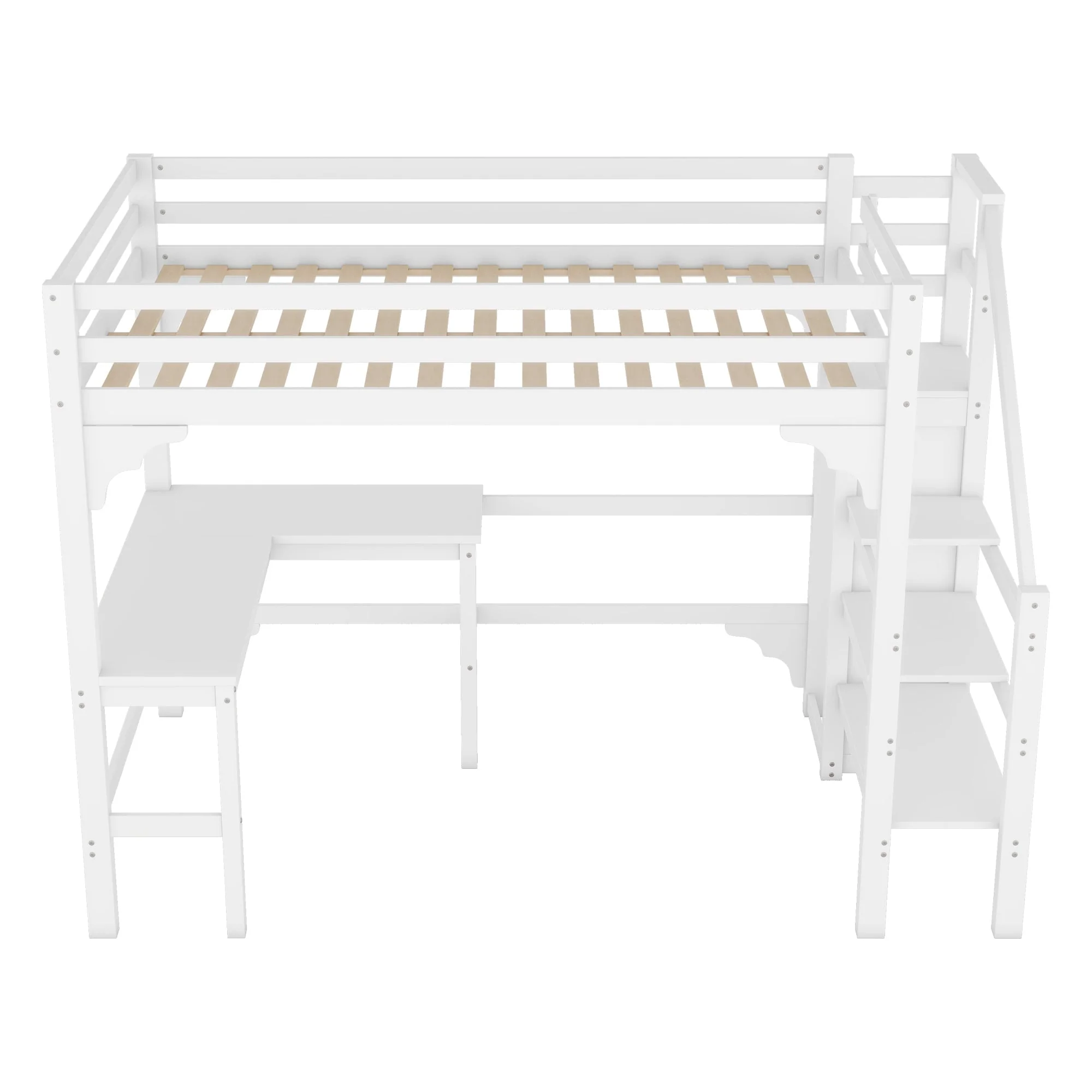 Loft Bed 140x200cm L-Shaped Desk Open Wardrobe Pine Wood White - Image 7