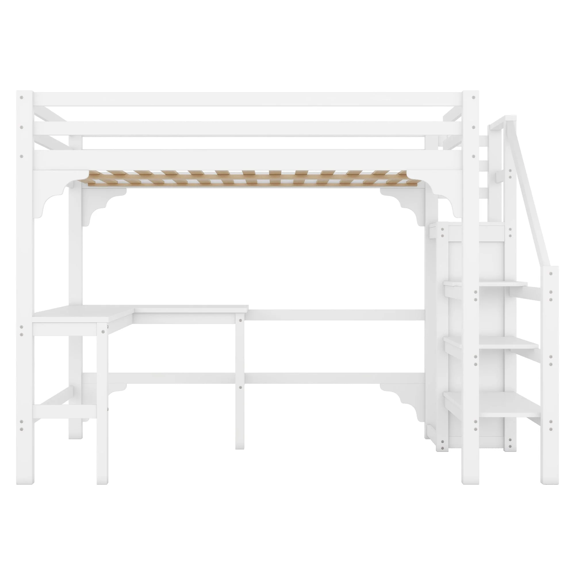 Loft Bed 140x200cm L-Shaped Desk Open Wardrobe Pine Wood White - Image 9