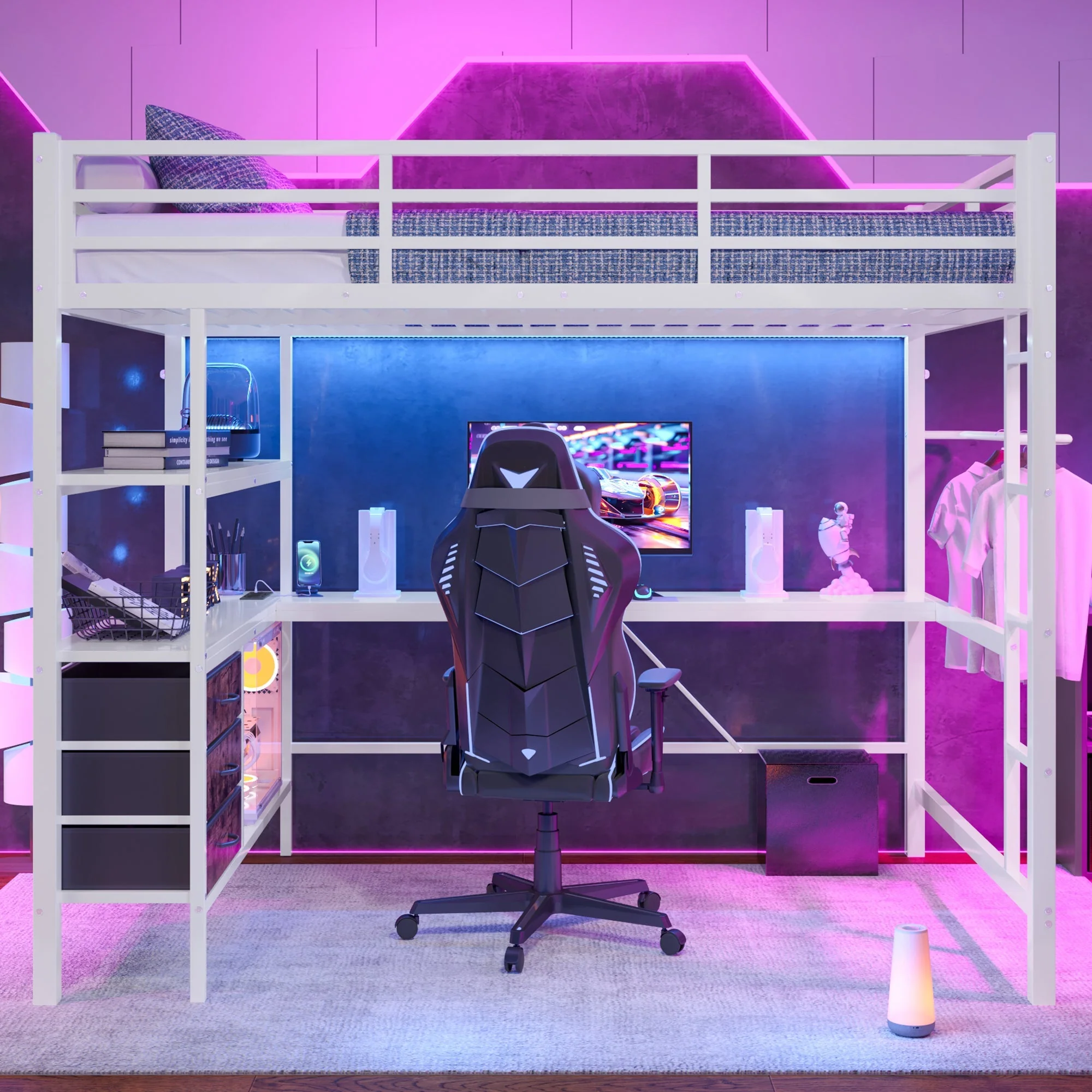 Loft Bed 140x200cm LED Desk USB/Power 3 Drawers Stairs - White - Image 4