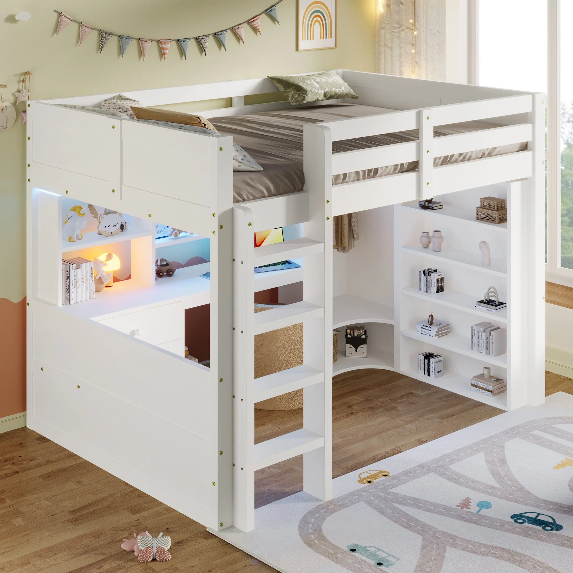 Loft Bed 140x200cm LED Lights Wardrobe Desk Drawers Storage - White - Image 2