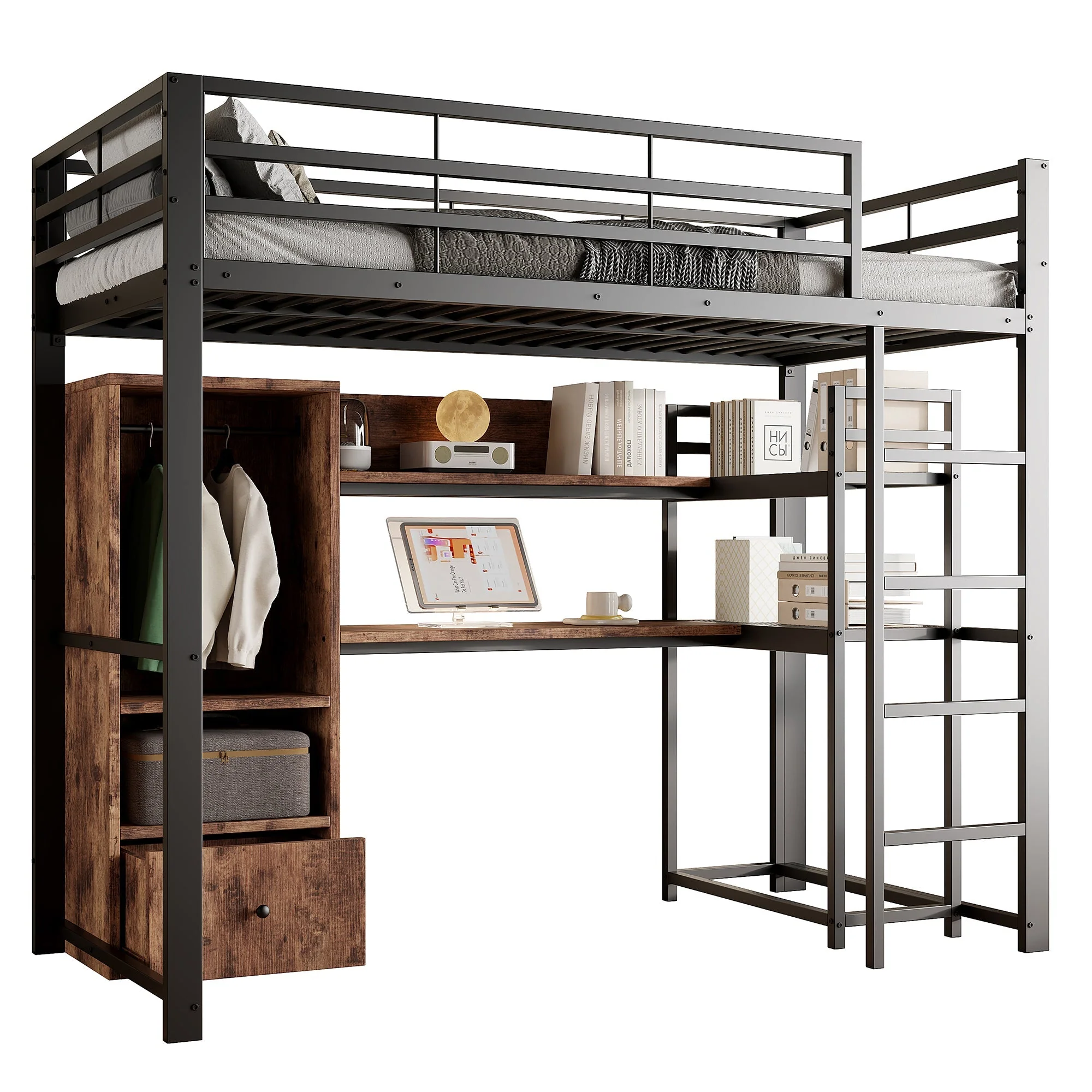 Loft Bed 140x200cm Metal LED Desk Drawer Shelves Stairs - Black - Image 9