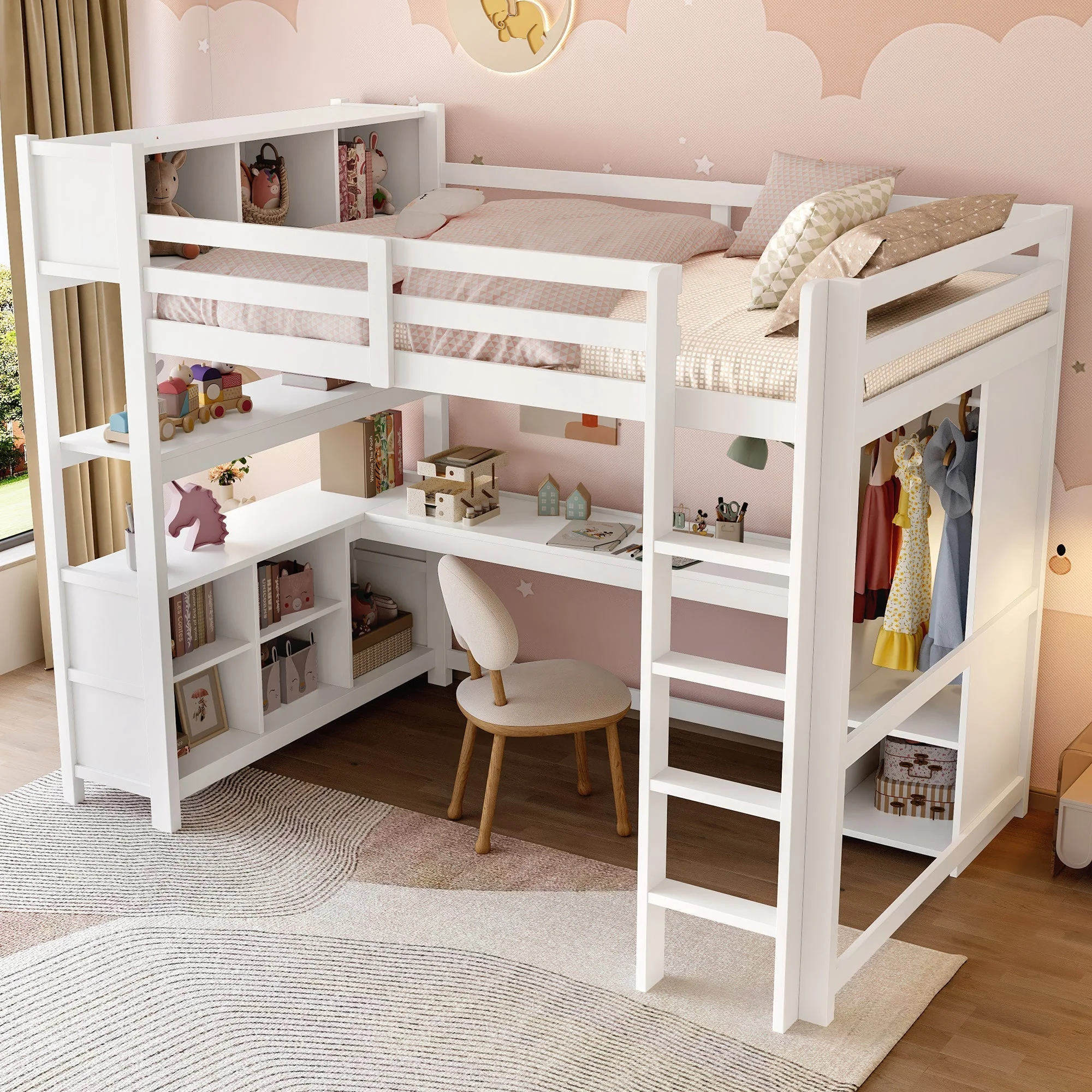 Loft Bed 140x200cm, Shelves, Desk, Wardrobe, White - Image 2