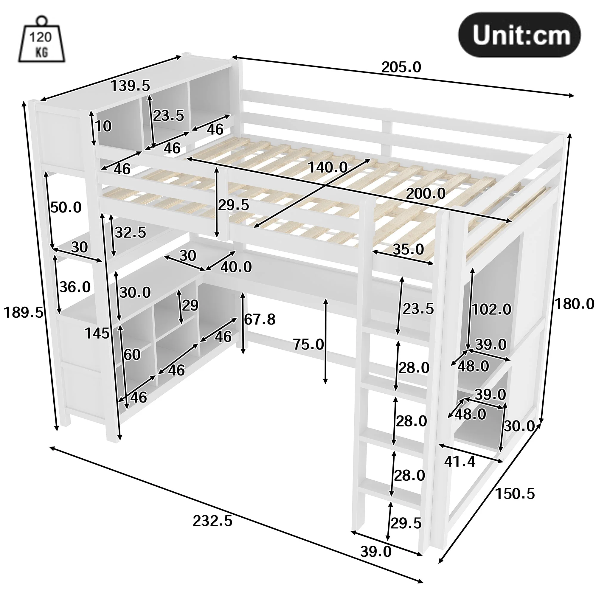 Loft Bed 140x200cm, Shelves, Desk, Wardrobe, White - Image 6