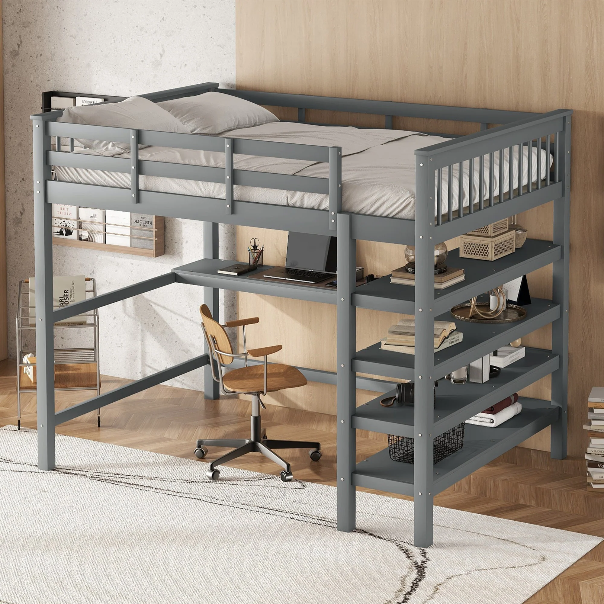 Loft Bed 140x200cm Storage Compartments Desk - Grey - Image 4