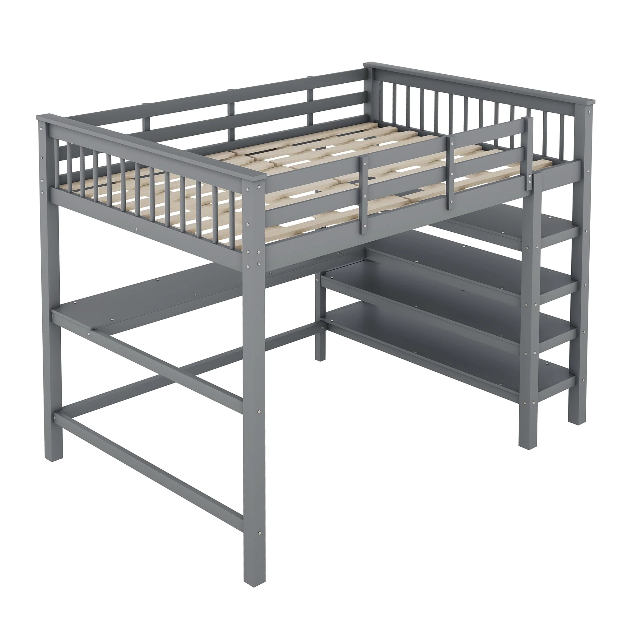 Loft Bed 140x200cm Storage Compartments Desk - Grey - Image 7