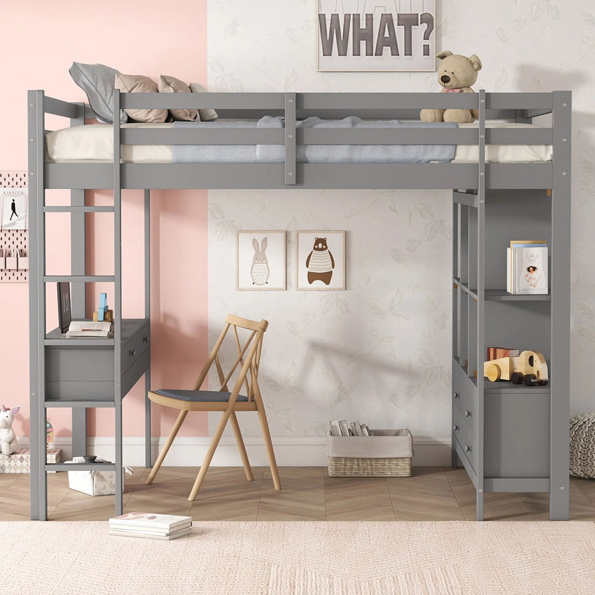 Loft Bed 140x200cm Storage Drawers Under-Bed Desk - Grey - Image 2