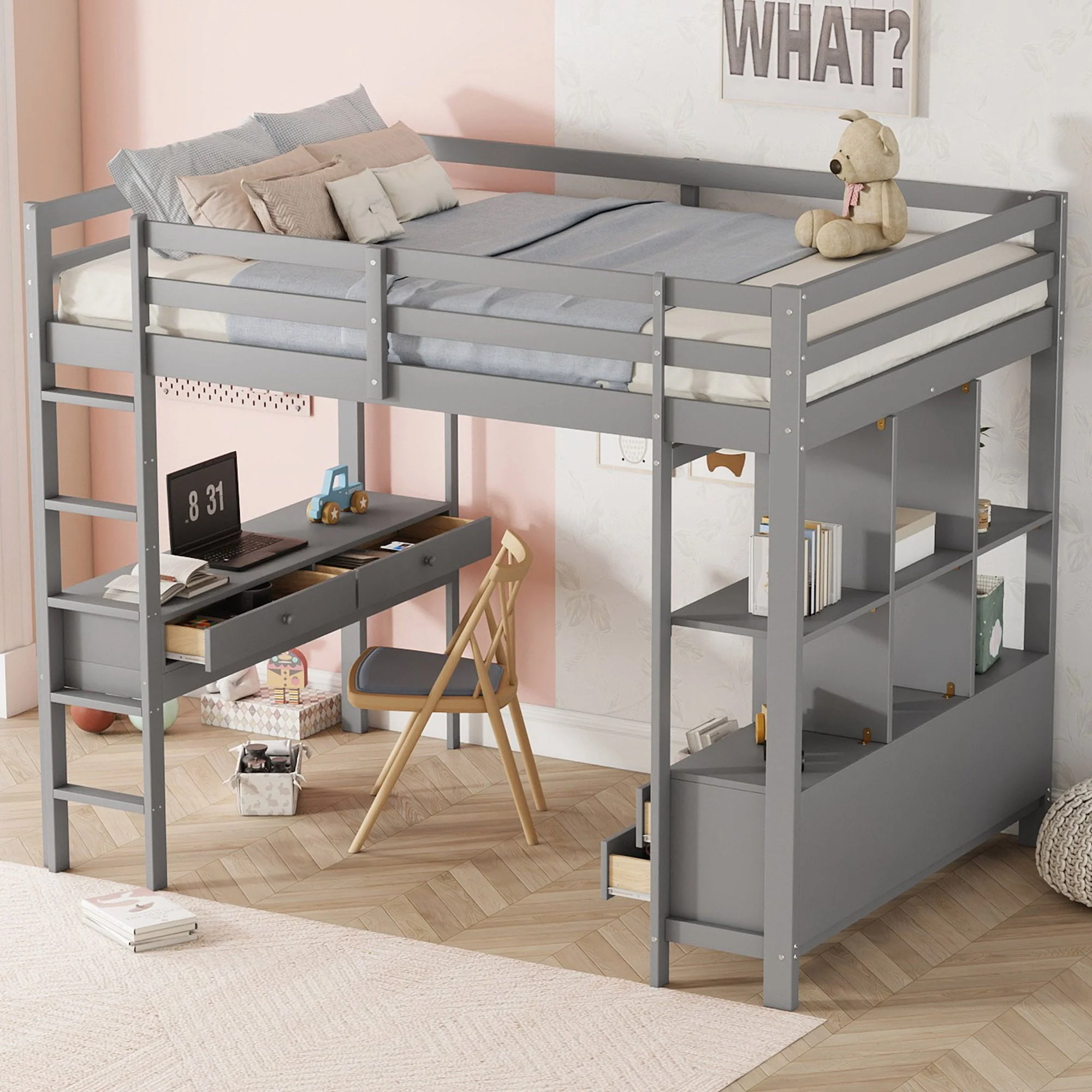 Loft Bed 140x200cm Storage Drawers Under-Bed Desk - Grey - Image 4