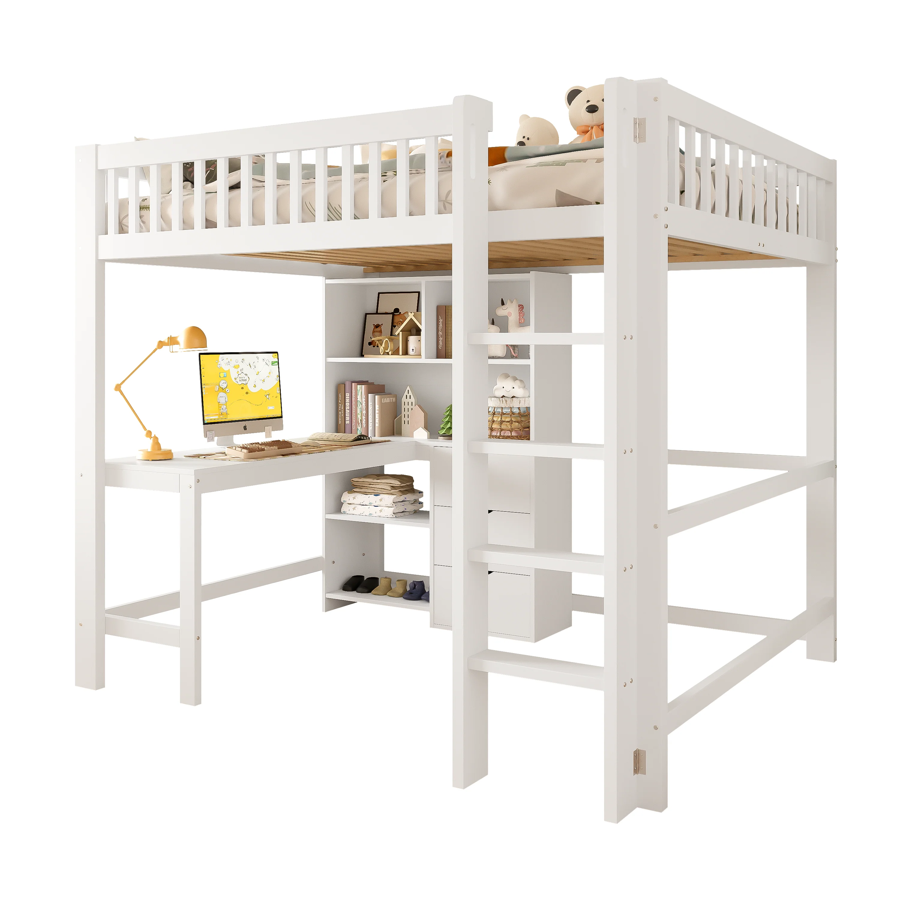Loft Bed 140x200cm Storage Ladder Desk 3 Drawers, White - Image 7