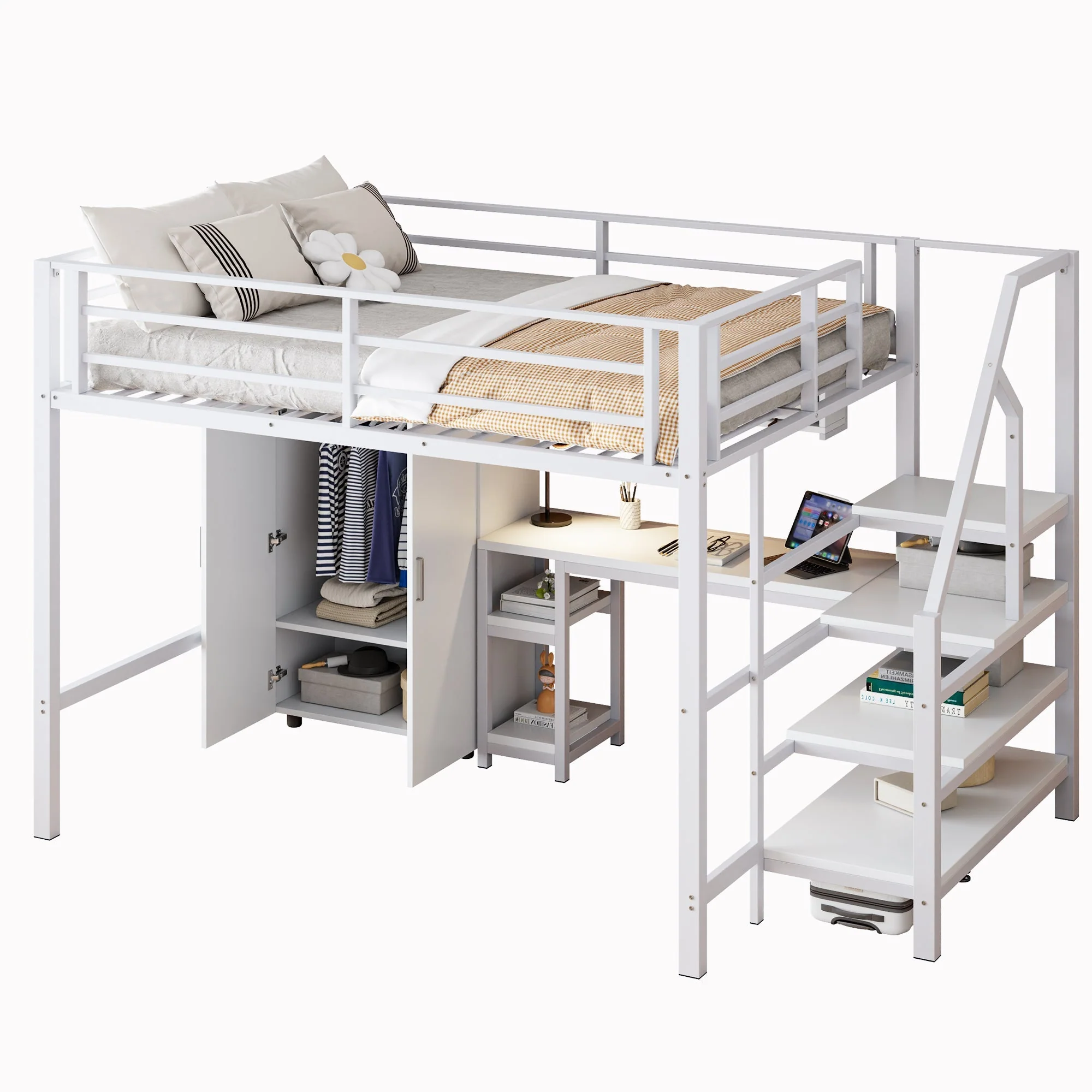 Loft Bed 140x200cm Wardrobe Desk Storage Ladder Shelves - White - Image 6