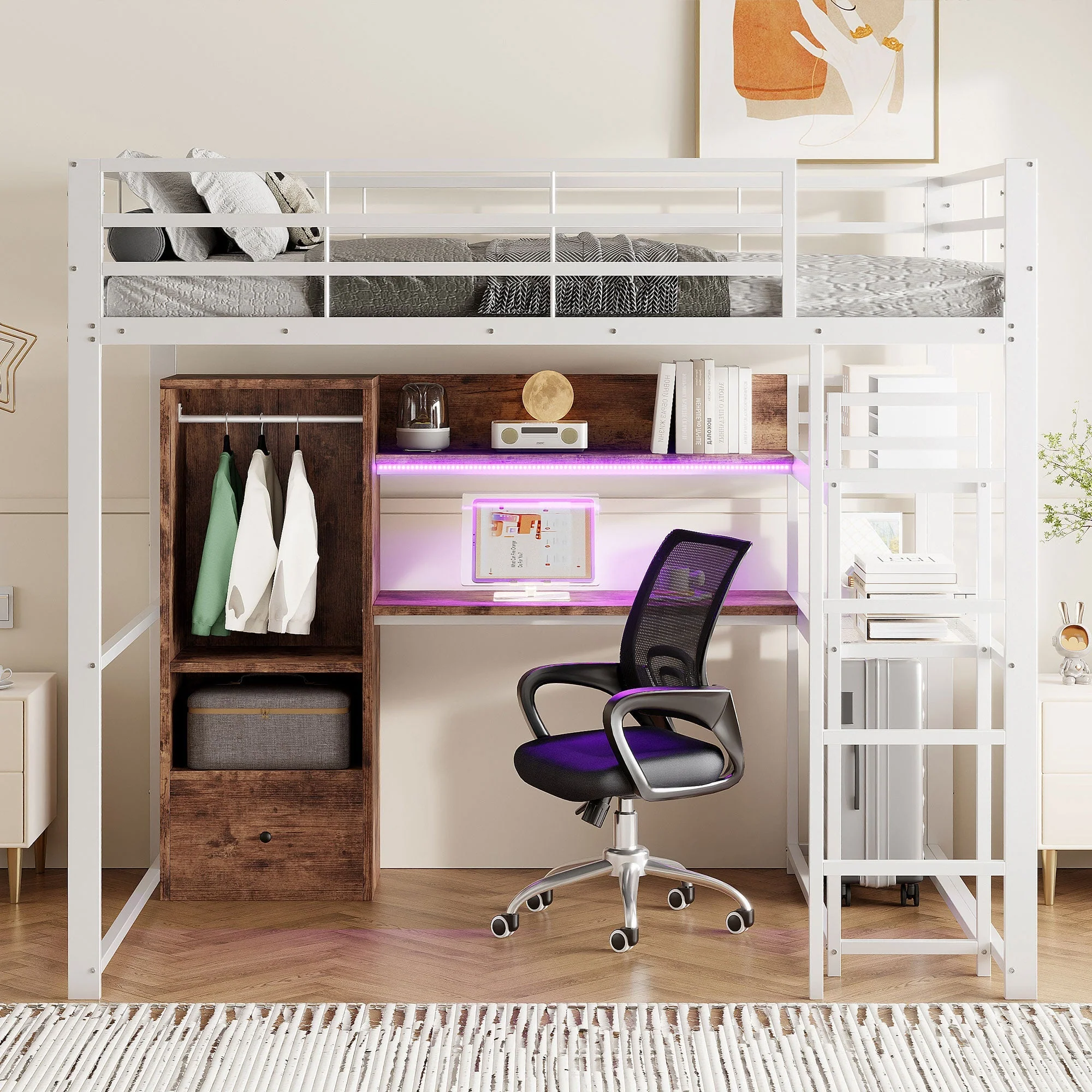 Loft Bed 140x200cm with LED Lights Desk Drawer Shelves Stairs Metal White - Image 2