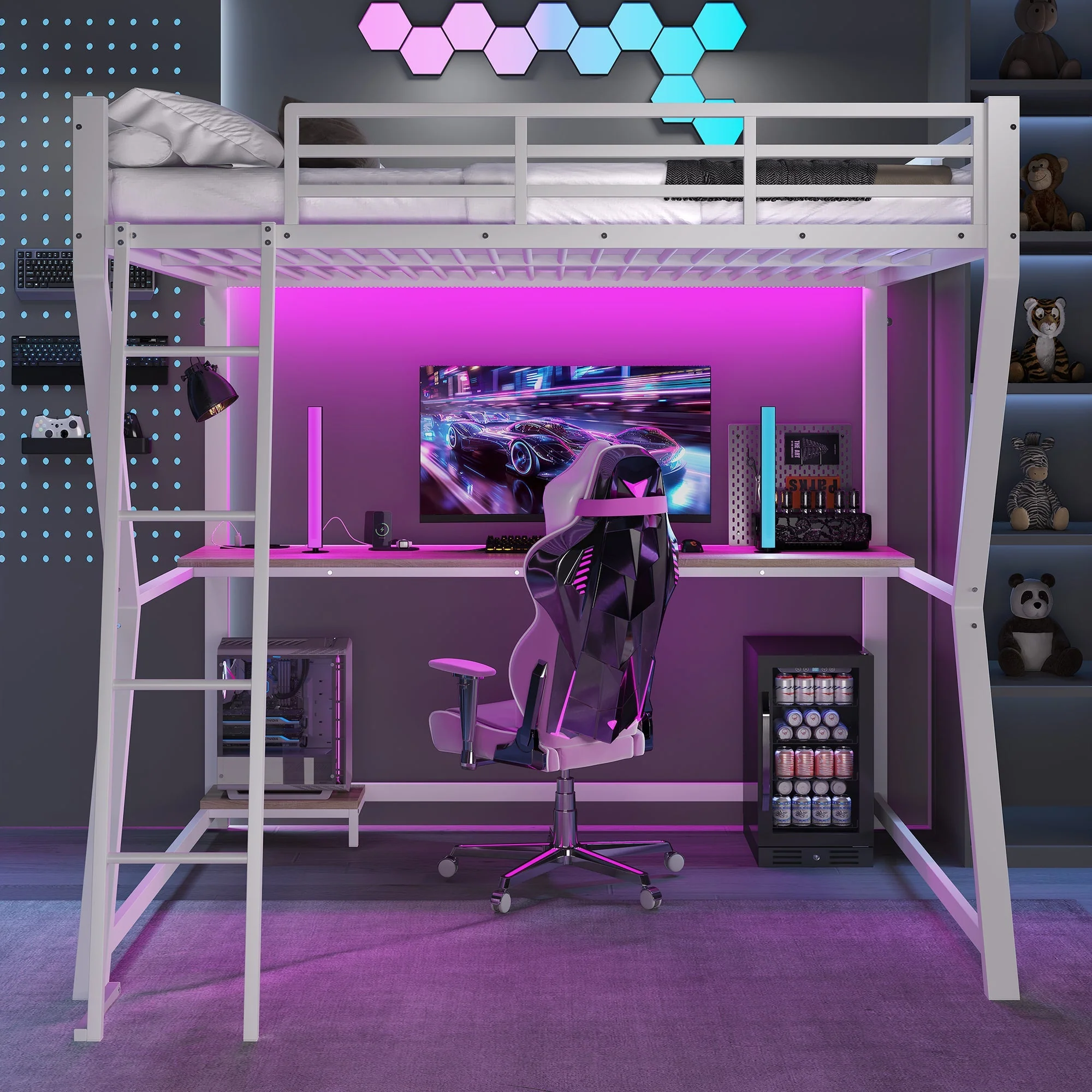 Loft Bed 140x200cm with LED Lights Desk USB/Power Outlet Stairs Storage Shelf White - Image 4