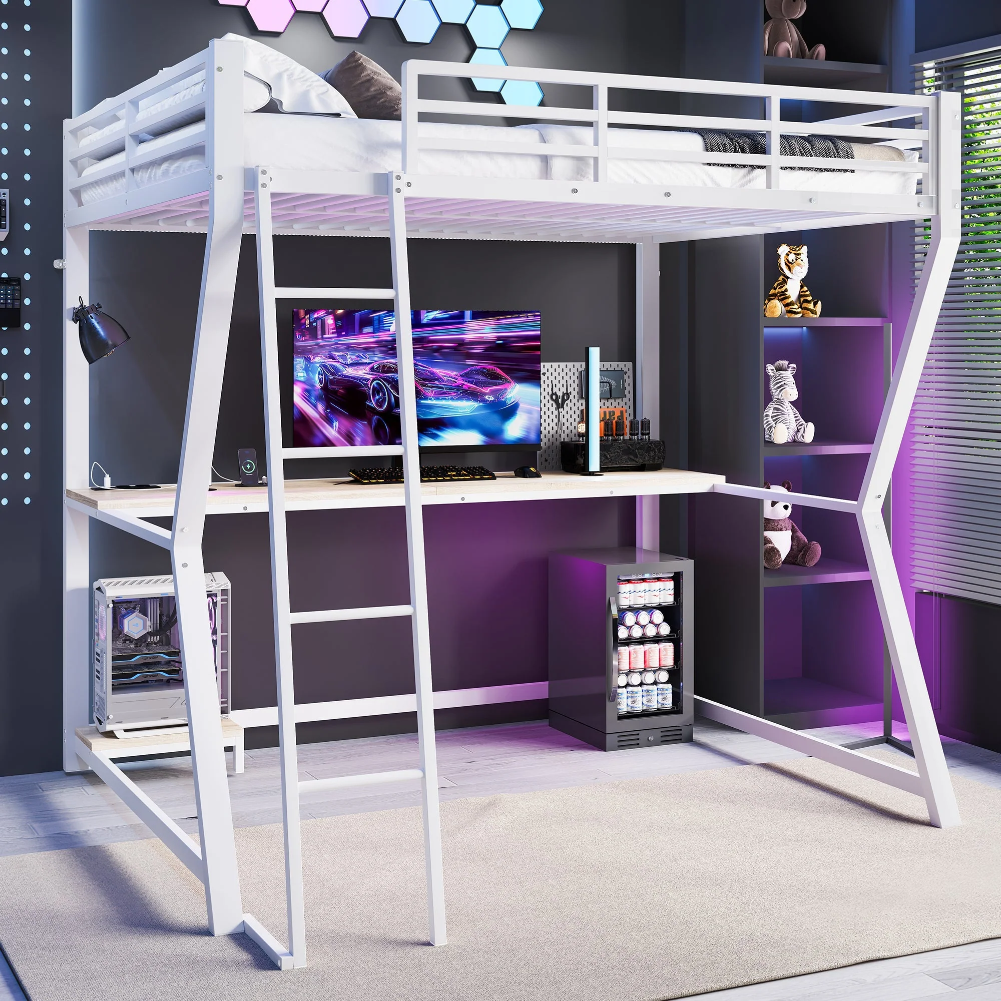 Loft Bed 140x200cm with LED Lights Desk USB/Power Outlet Stairs Storage Shelf White - Image 7