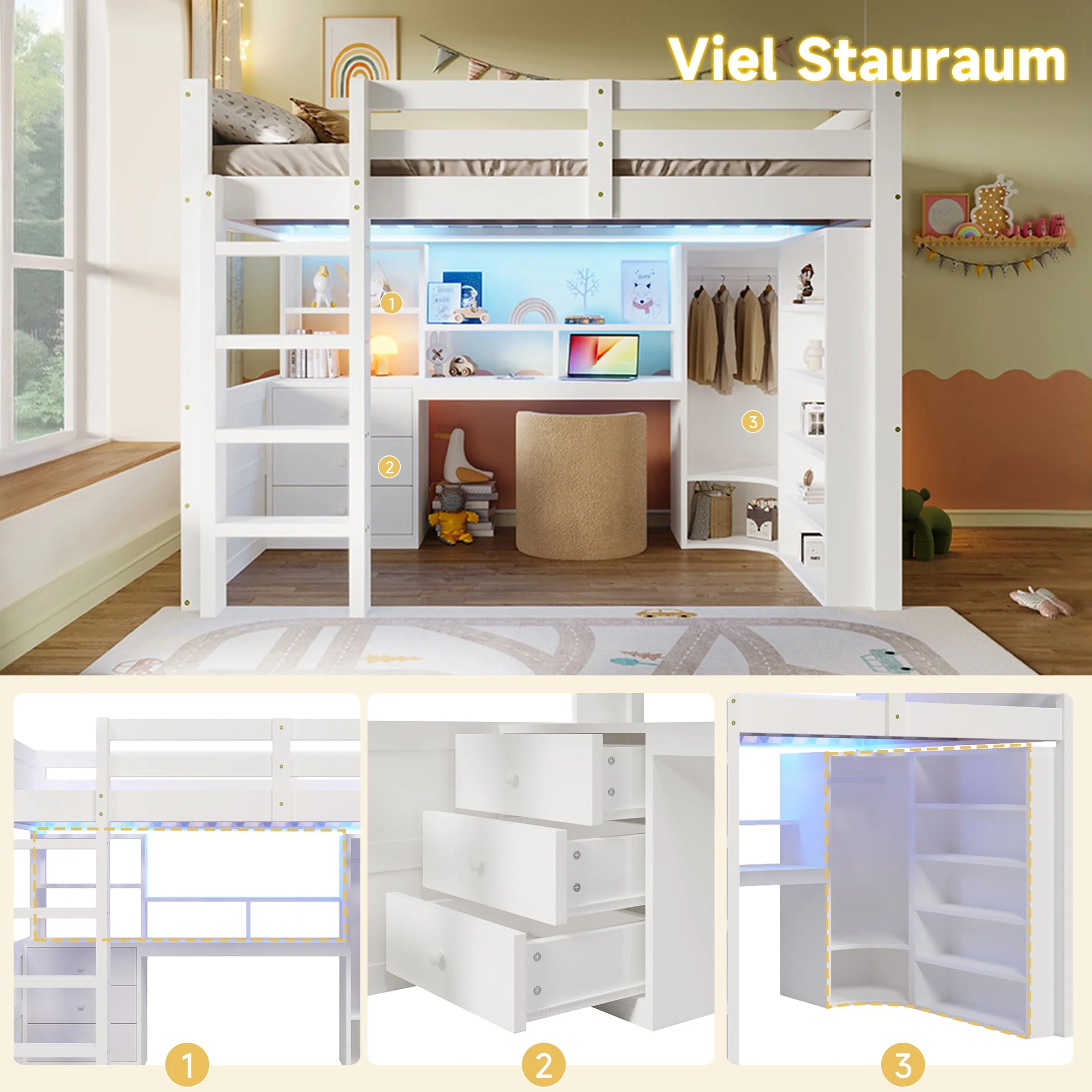 Loft Bed 140x200cm with LED Lights, Wardrobe, Desk, Drawers, Storage, White - Image 6