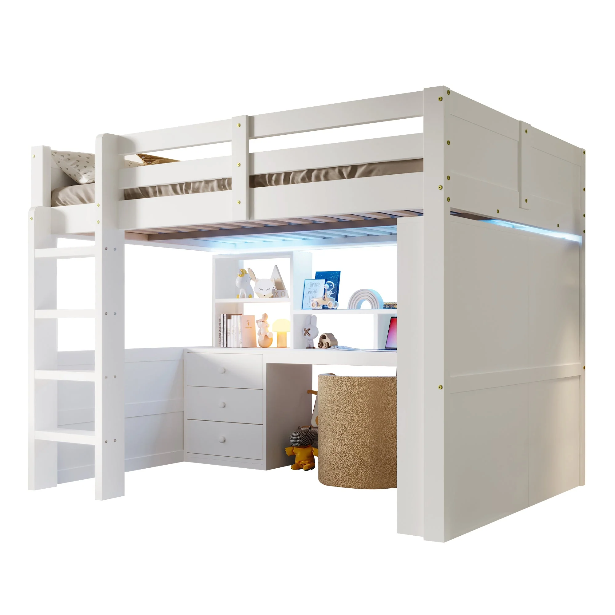 Loft Bed 140x200cm with LED Lights, Wardrobe, Desk, Drawers, Storage, White - Image 8