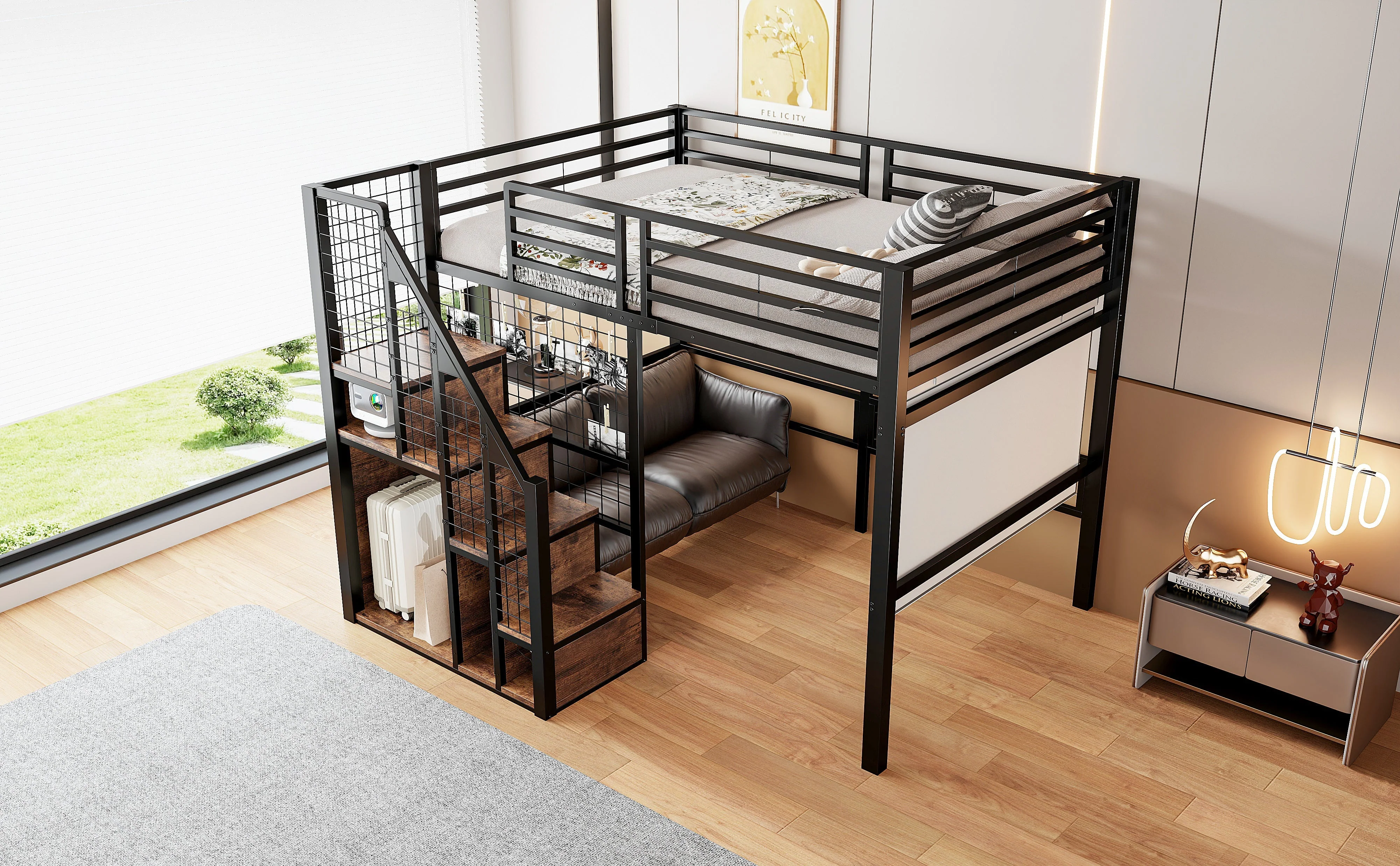 Loft Bed 140x200cm with Safety Ladder Iron Frame Storage Area - Black - Image 10