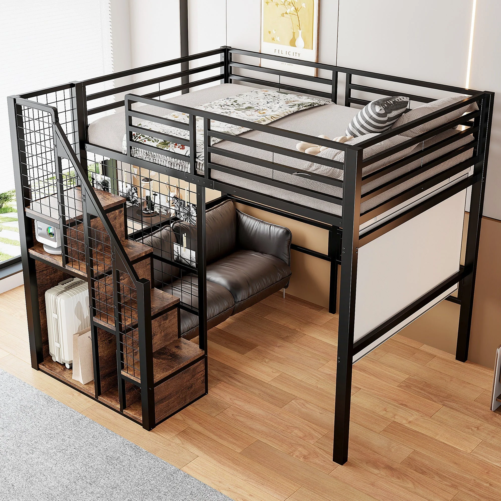 Loft Bed 140x200cm with Safety Ladder Iron Frame Storage Area - Black - Image 2