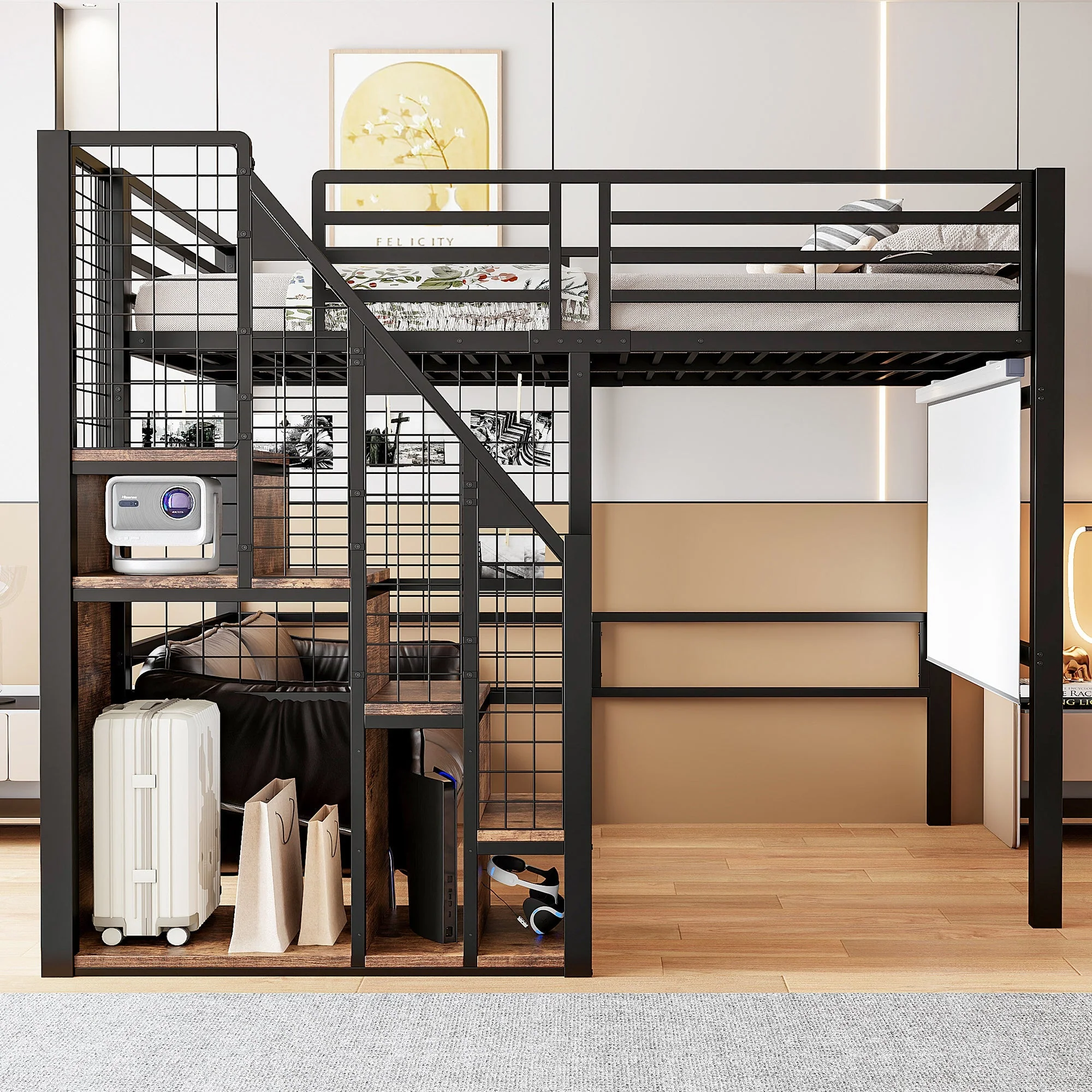 Loft Bed 140x200cm with Safety Ladder Iron Frame Storage Area - Black - Image 3